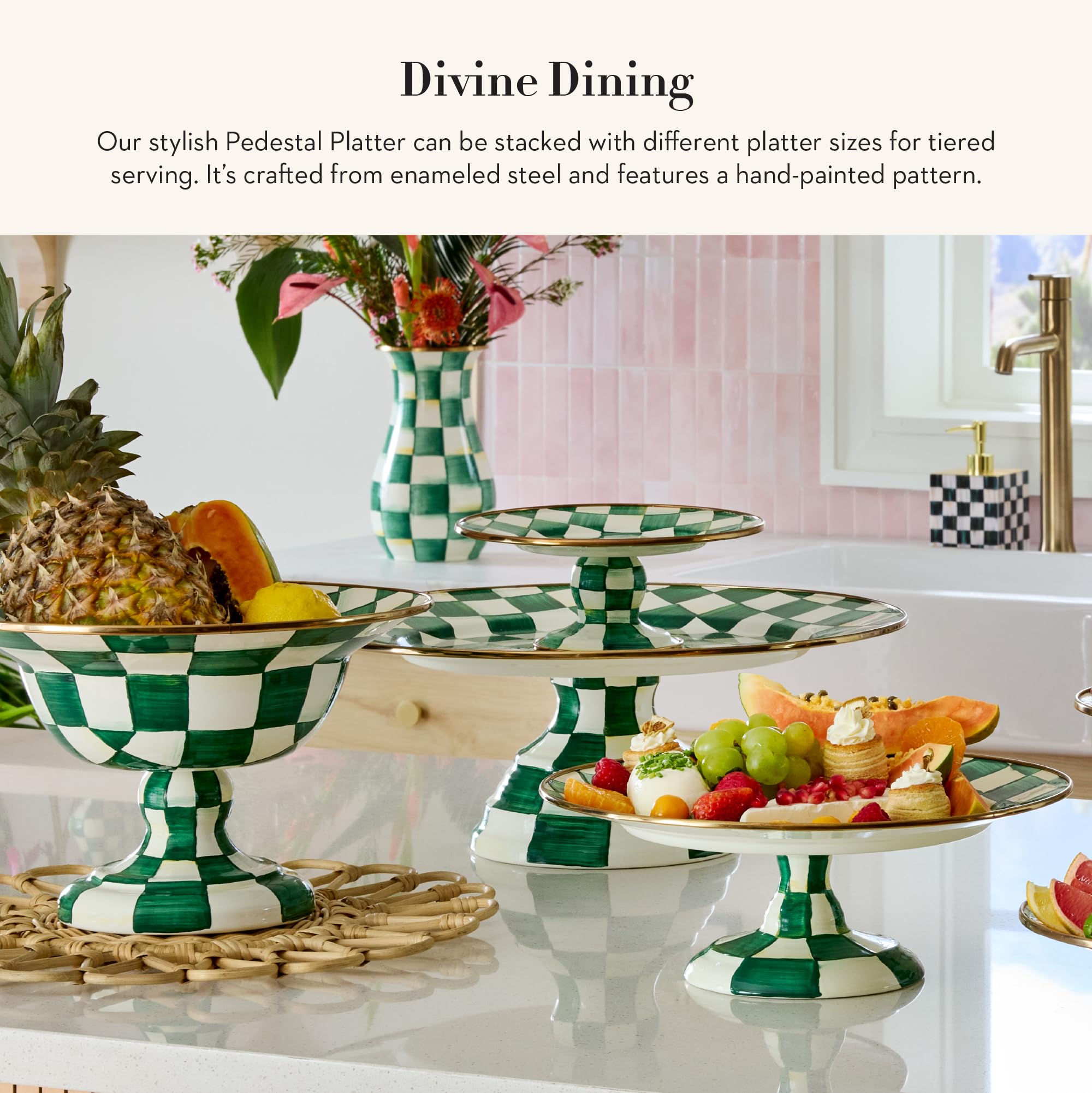 MACKENZIE-CHILDS Enamel Pedestal Platter, Round Cake Stand, Large, Green-and-White Emerald Check
