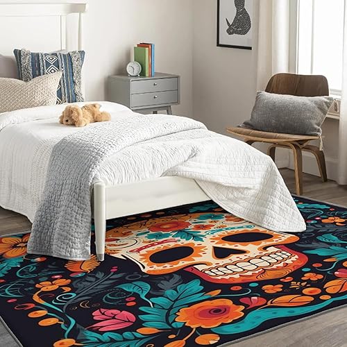 Miniatura 9 de Alfombra de calavera de azúcar de 6 x 8 pies, alfombra mexicana para sala de estar, dormitorio, alfombra Día de los Muertos, decoración de