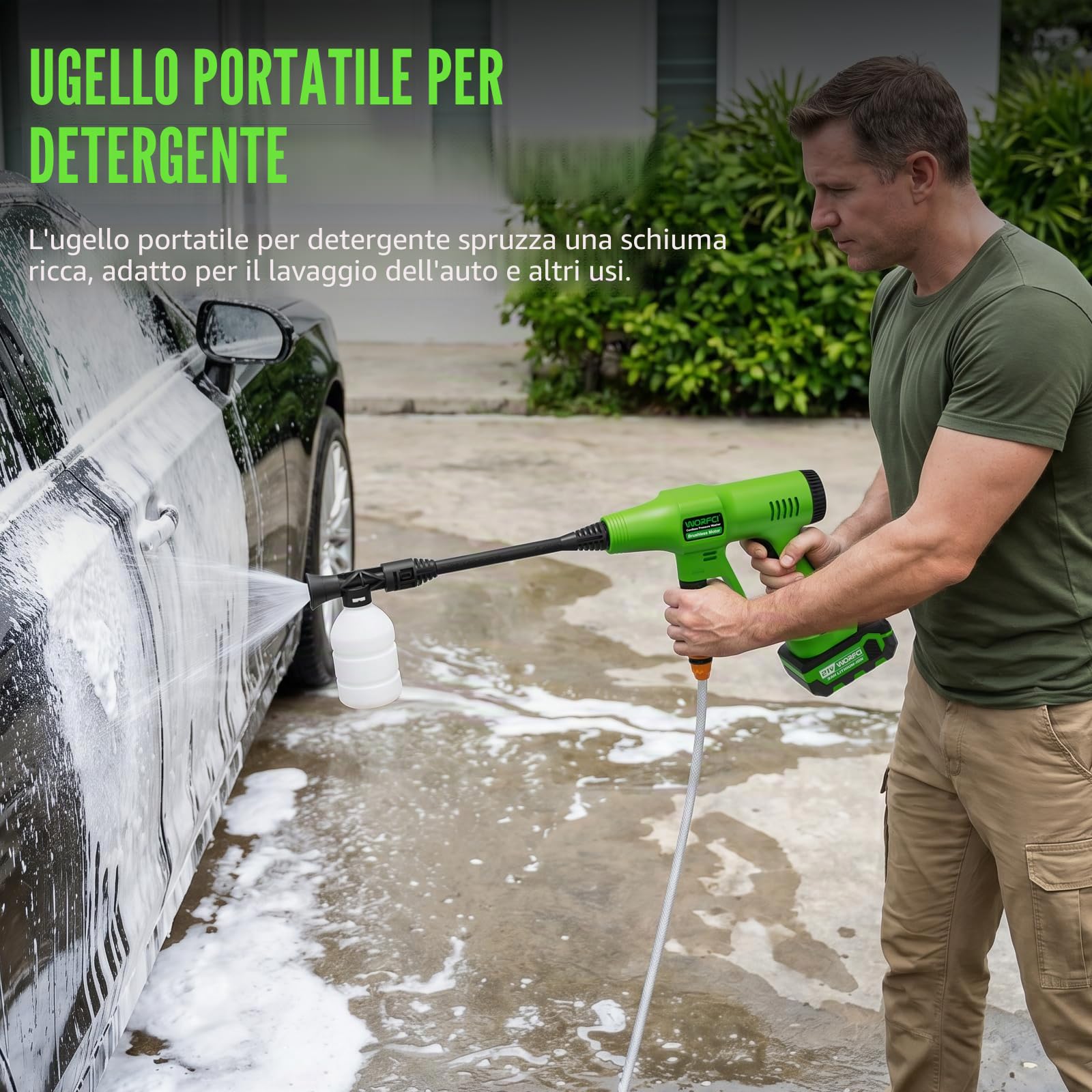Idropulitrice senza fili da 21 V, rondella portatile a batteria 6 in 1 con 2 batterie e caricabatterie, tubo intrecciato da 6,5 m per la pulizia di auto/patio