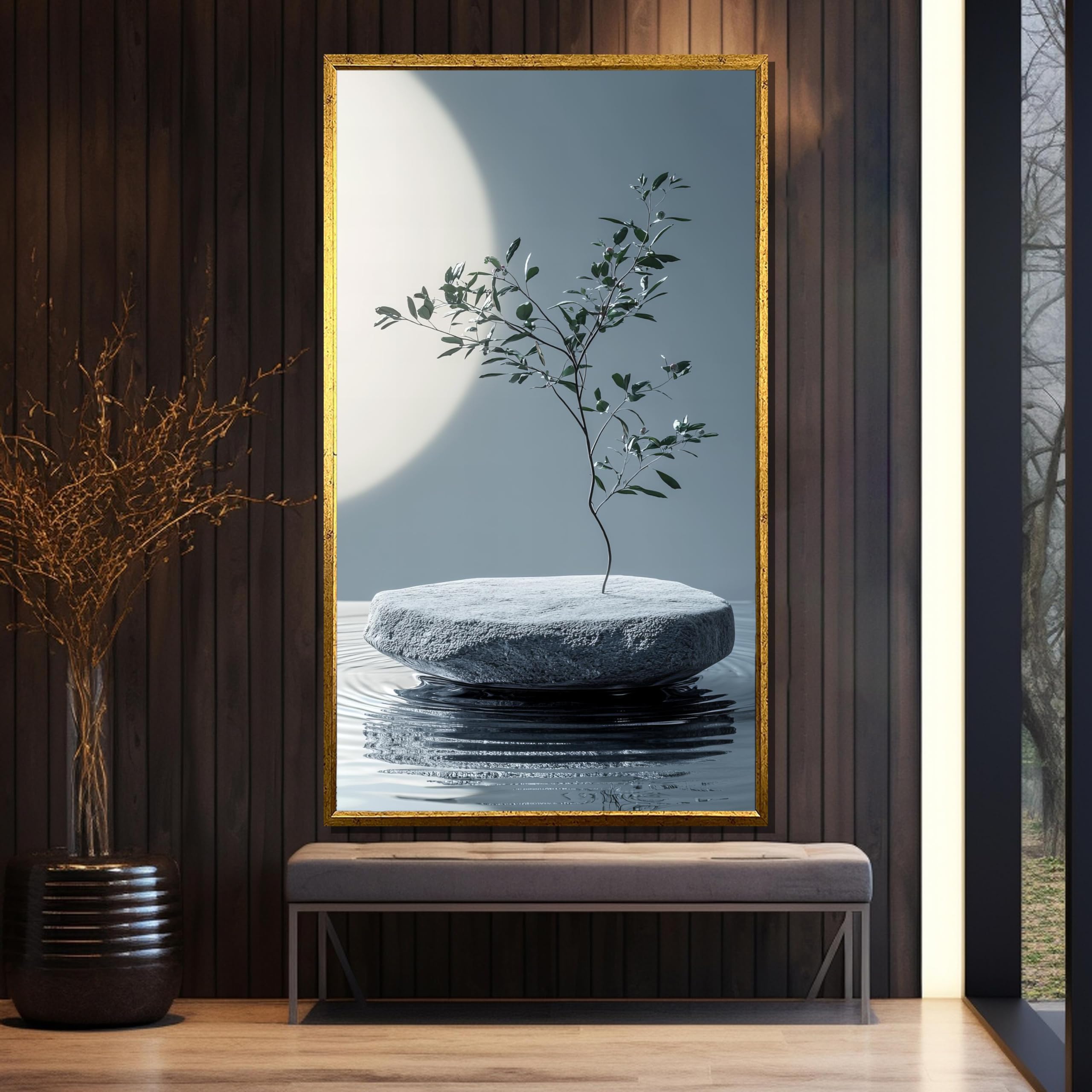 TONGYINLI Minimalistyczny obraz zen na płótnie, obrazy z kamienia roślinnego, nowoczesna sztuka ścienna, do salonu, nowoczesna dekoracja domu (43 x 86 cm)