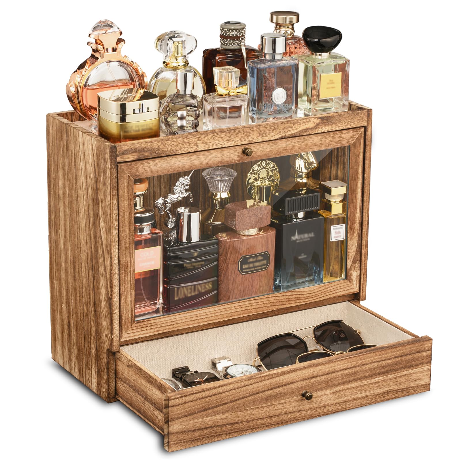 Soporte de colonia, organizador de perfume de madera maciza para hombre, organizador de perfume a prueba de polvo de gran capacidad con cajón de almacenamiento de perfumes, joyas y cosméticos
