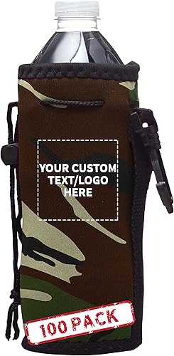 Paquete de 100 aisladores de neopreno con cordón para botella de agua, texto personalizable, logotipo, 12 onzas, cuello largo, gancho, azul rey