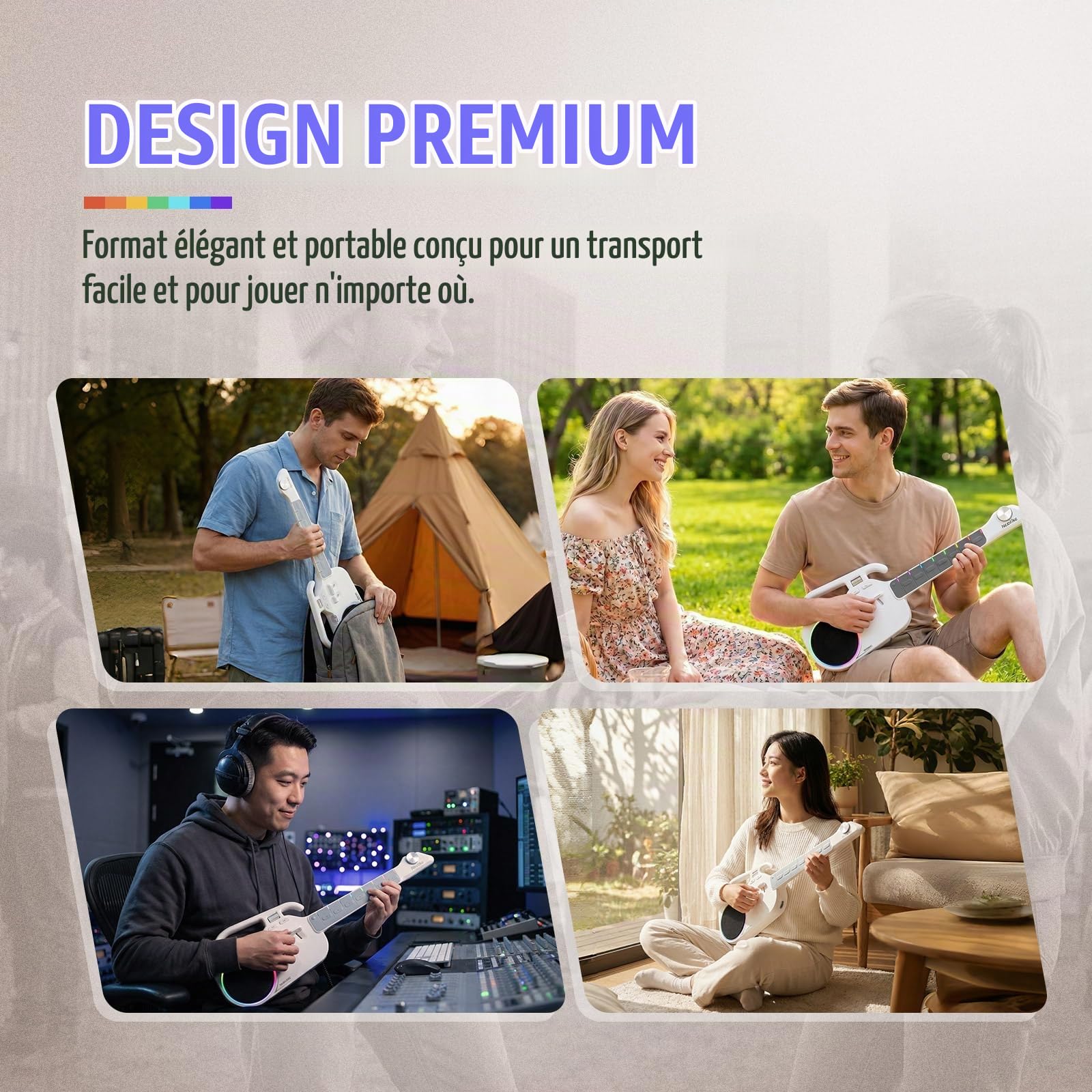 SONICAKE Guitare Intelligente Sans Cordes, Ukulélé Numérique à Manche Lumineux pour Débutants, Instrument de Voyage Portable avec Haut-Parleur BT 10W Intégré, Accompagnement Auto & App NeoUke
