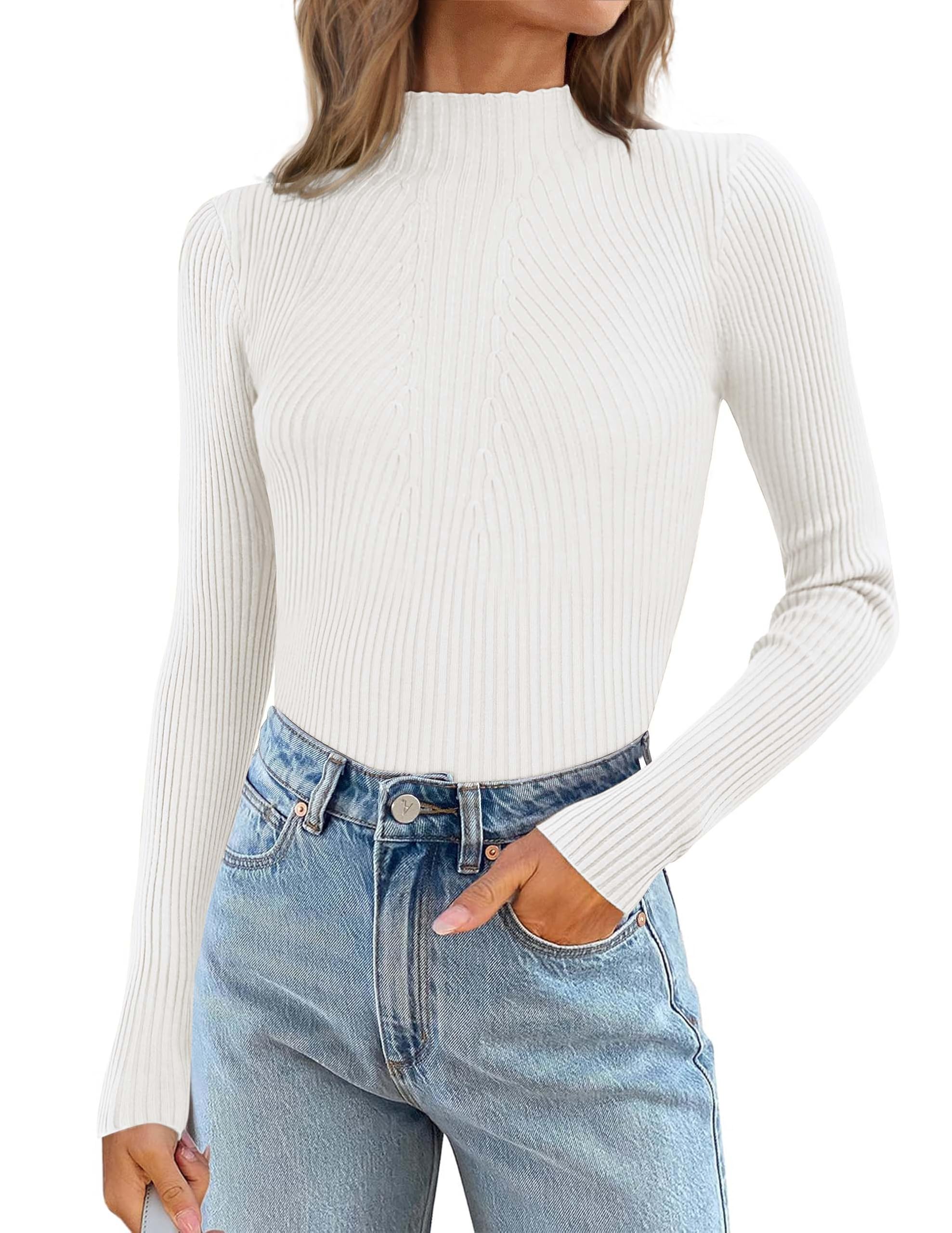 ATHMILE Womens 2025 Fall Long Sleeve Pullover Ribbed Knit Sweater Low Mock Neck Slim Fit Basic Casual Tee