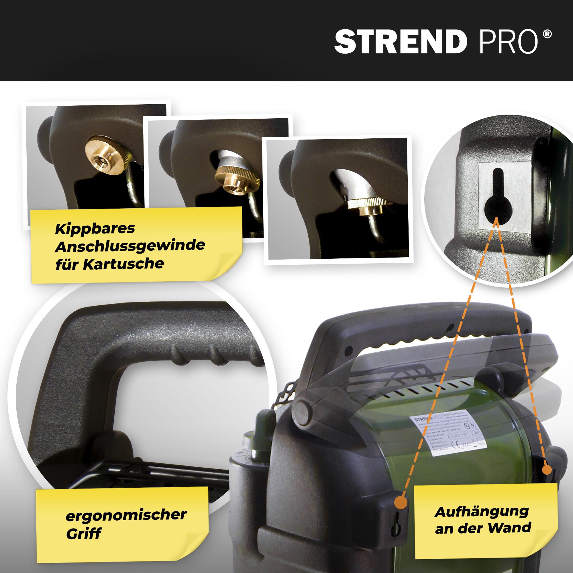 STREND PRO Zeltheizung Gas 2kW | mit 1 Campinggaskartuschen | Tragbare Campinggasheizung für Innenräume, Zelt, Camping, Angeln, Jagen, Mini Gasheizung mit Sauerstoffsensor | Mobiler