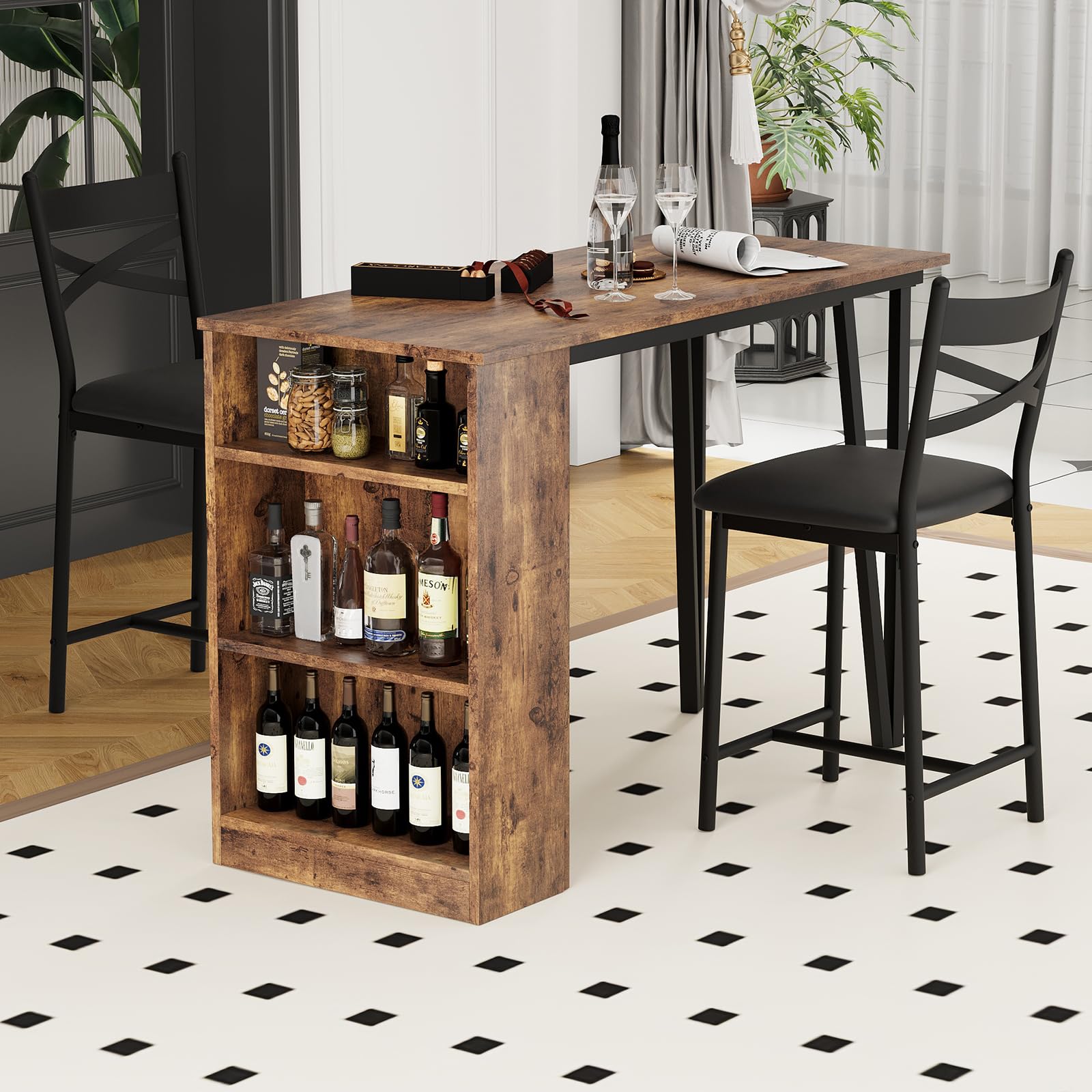 GarveeHome Zestaw 3 składanych stołów barowych + 2 stołki + 3 półki - autentyczny styl industrialny (szczotkowana stal i drewno sprężynowe) - kompaktowa grubość 8 cm po złożeniu - do otwartej kuchni i