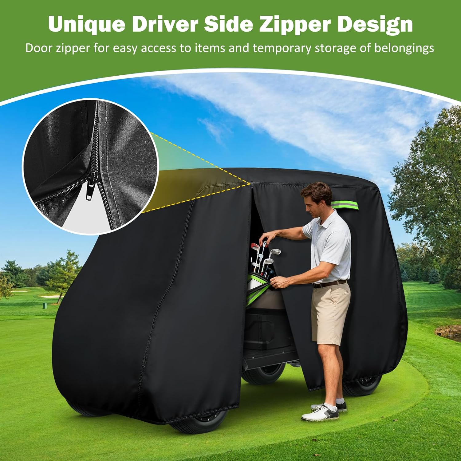 Waterproof Golf Cart Cover 4 Passenger for Yamaha/E-Z-Go/Cushman/Club Car/Evolution/ICON, Heavy Duty Sun Rain Dust Protection 2+2/4 Passenger Golf Cart Cover with Soft Cotton Lining & Door Zipper-M