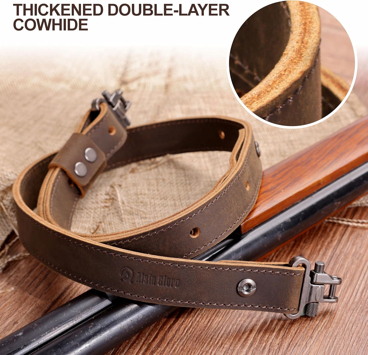 Aisin Gioro Rifles Slings, 1" Wide Handmade Crazy Horse Cowhide Leather Gun Sling Adjustable Replacement with Gun Sling Swivels