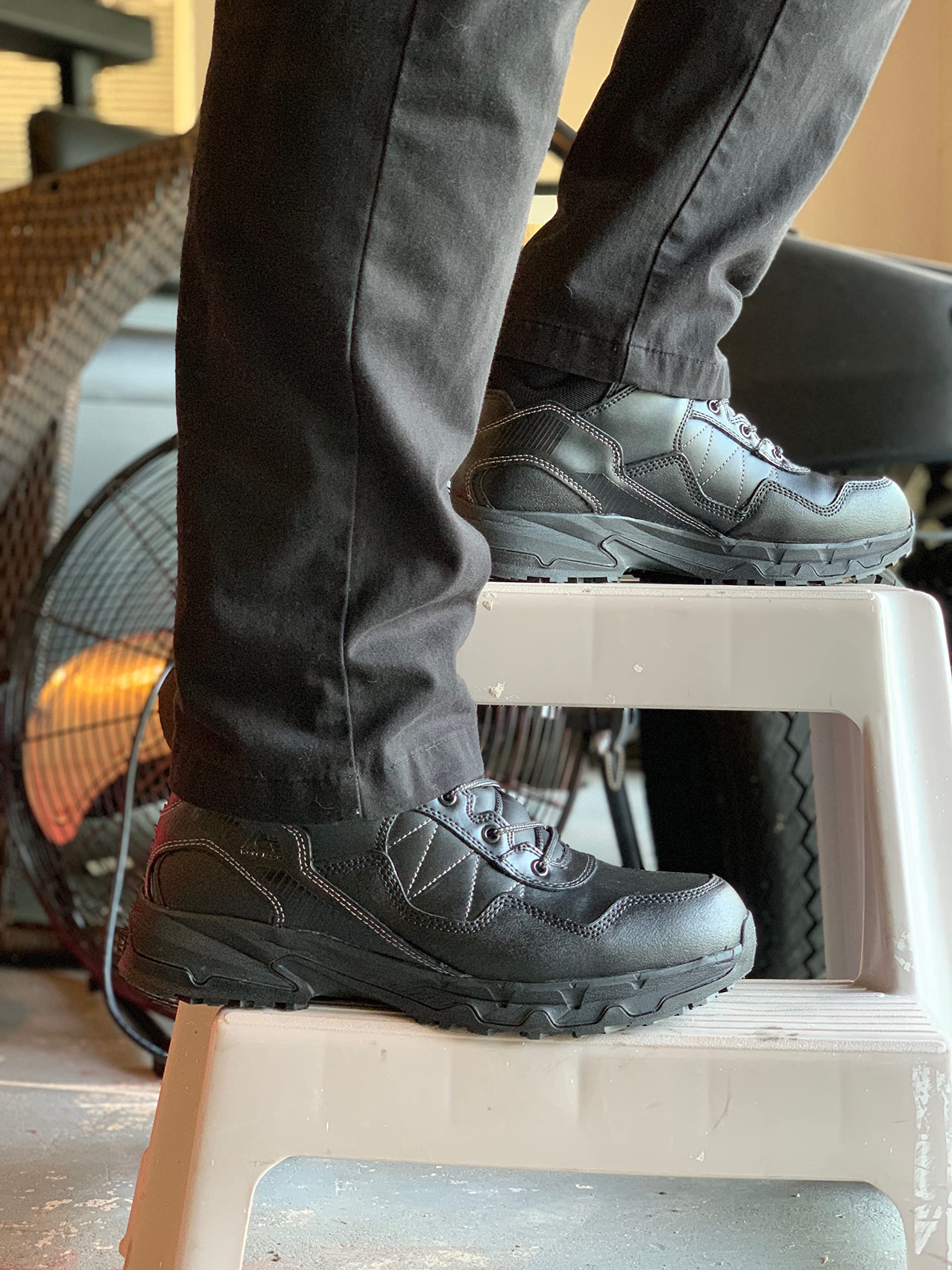 Shoes for Crews Piston Low, Men's, Women's, Unisex Soft Toe Slip Resistant Work Shoes, Water Resistant, Black, Men's 12 / Women's 13.5 Wide