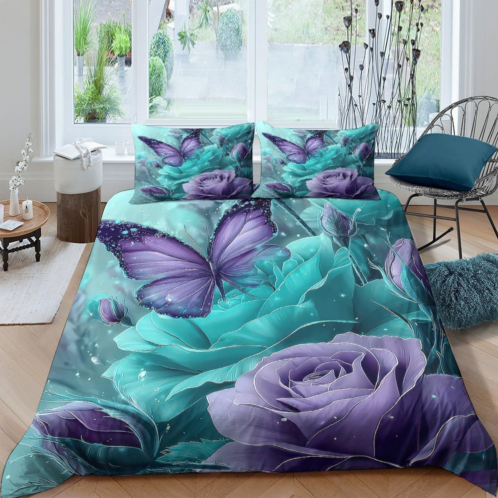 Ctjqhvkz Style-6 3D Printed Purple Butterfly Fitted Sheet Microfiber Soft Turquoise Rose Bed Cover For Bedroom Youth Guest Room Mattress Decor Single（135X200cm）