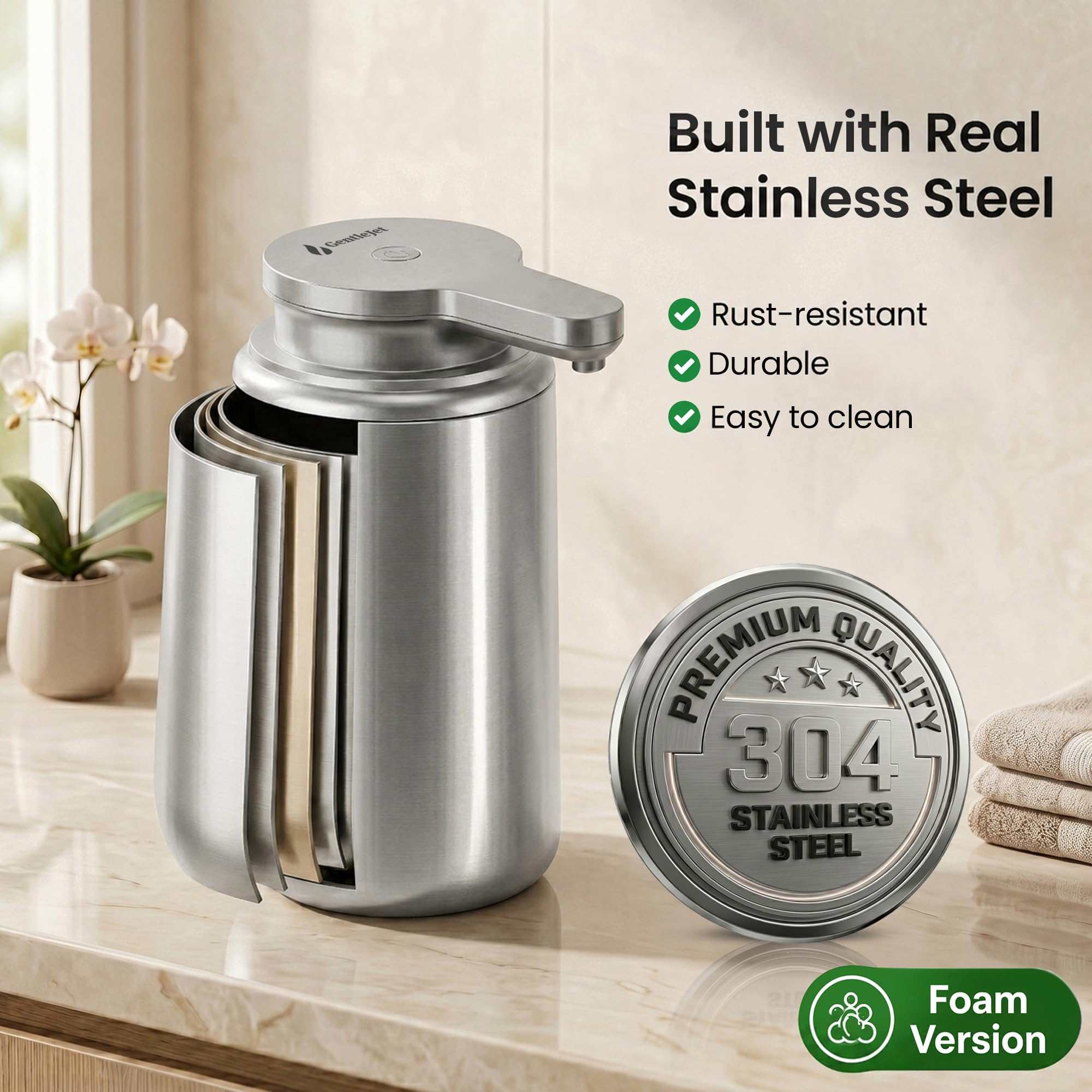 GentleJet SimpleFoam, dispenser automatico di sapone in schiuma, ricaricabile, senza contatto, per bagno o cucina, doppi livelli di schiuma, modalità di pulizia automatica (acciaio spazzolato, 350 ml)