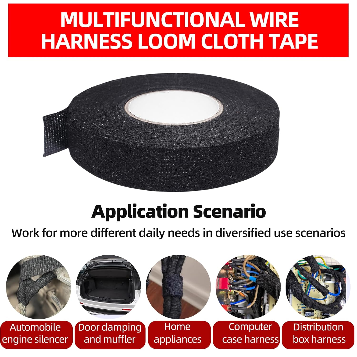 6-Pack Wire Harness Tape,Friction Tape 3/4-Inch by 50-Foot,High Temp Wire Cable Loom Self-Adhesive Tape for Automobile Electrical and Engine Wire Noise Dampening,Audio Wire Harness