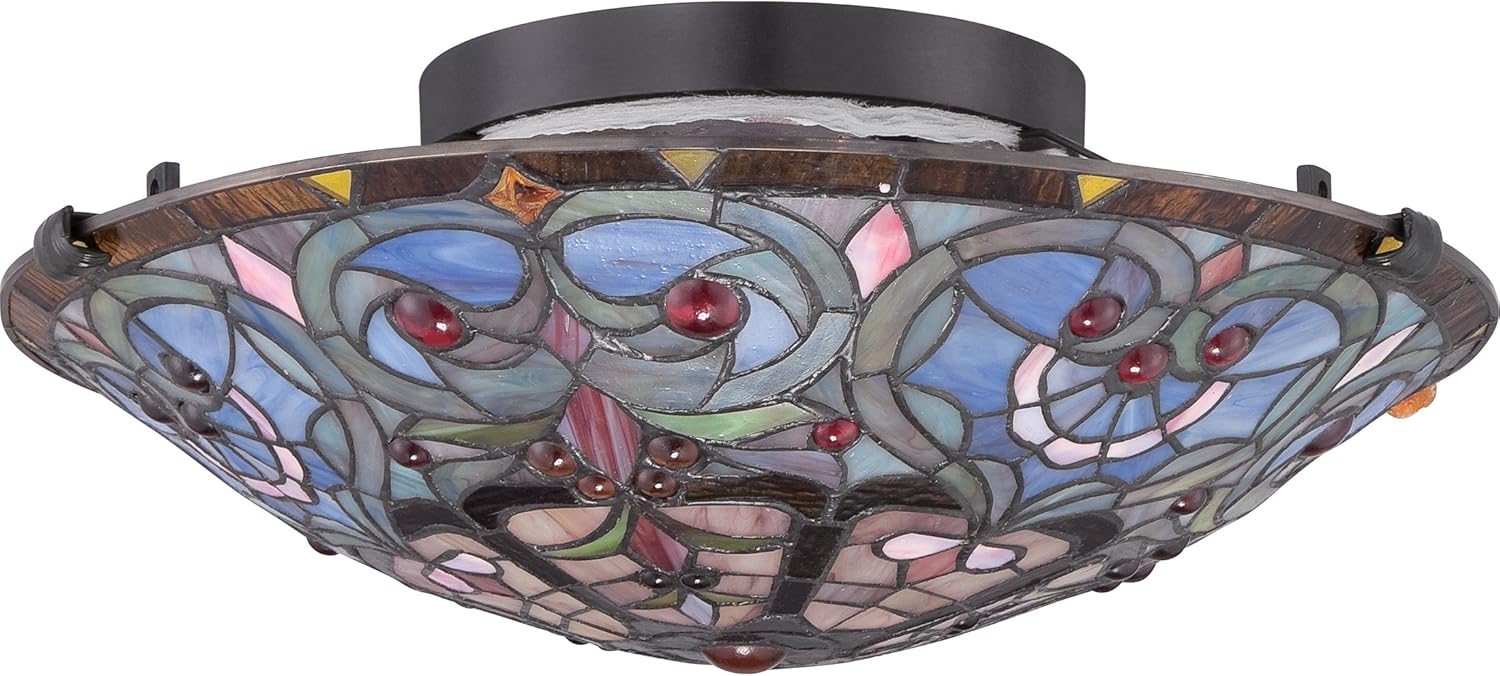 Quoizel Carroll 2-Light 17-Inch Vintage Bronze Flush Mount Ceiling Light, Tiffany-Style Handcrafted Stained Glass, Traditional Flush Mount Light for Sloped Ceilings, Hallways, Bathrooms, and Bedrooms