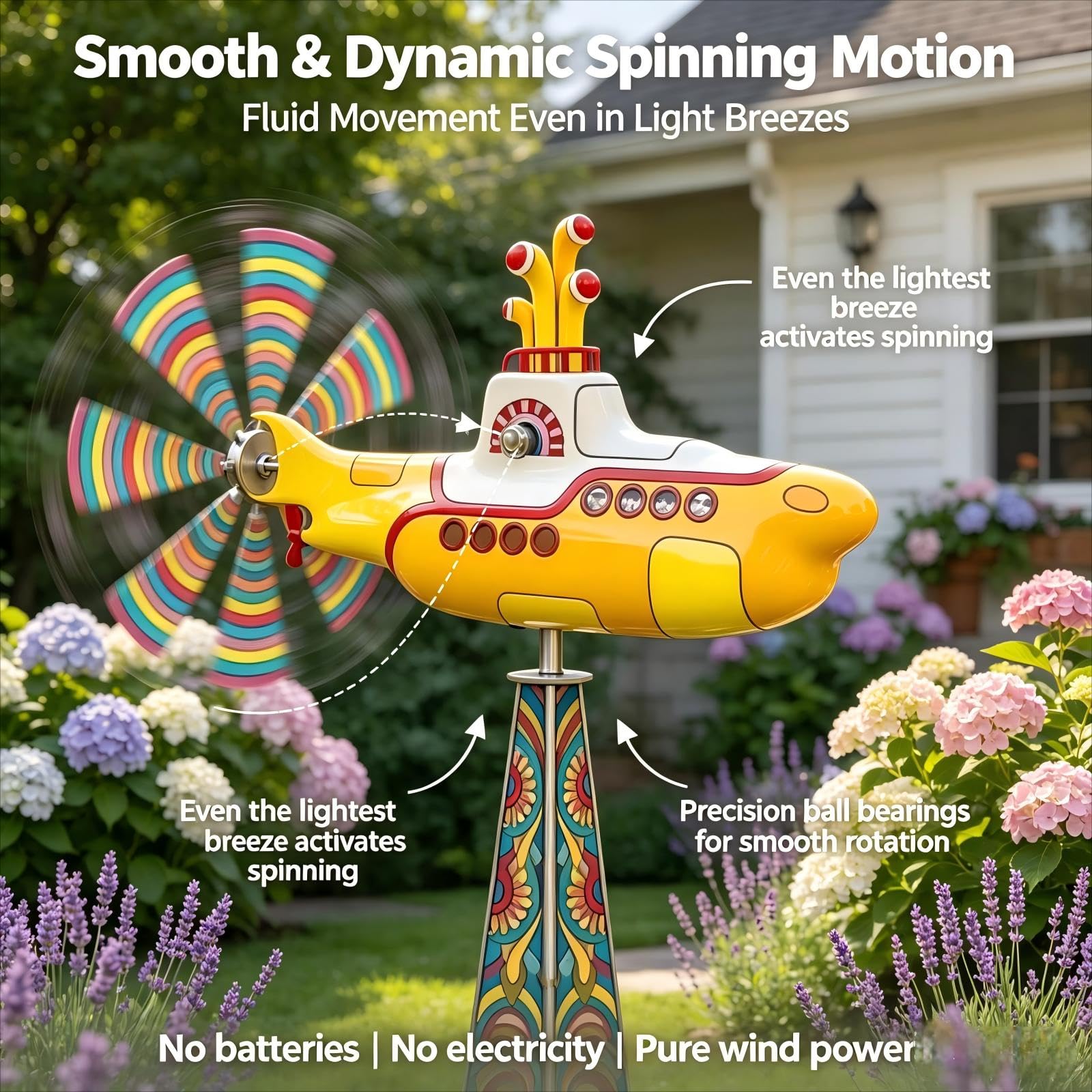 Yellow Submarine Wind Spinner for Garden, Retro Biplane Kinetic Wind Spinner, Metal Rotating Yard Art, 2D Kinetic Windmill Outdoor Garden Decor for Patio Lawn Flower Bed — view 3