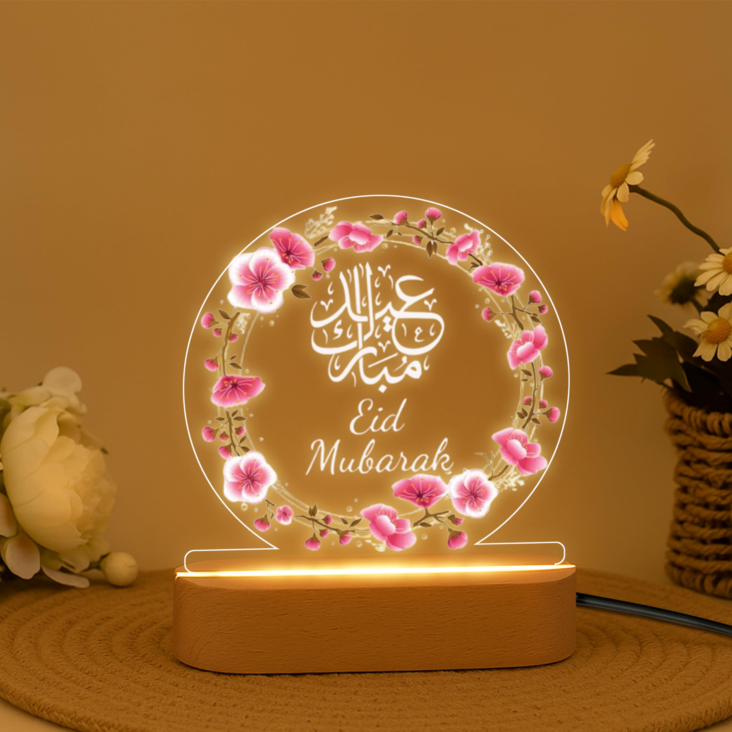 Eid Mubarak LED Night Lamp | Islamic Acrylic Light | Floral Design Muslim Home Decor | Ramadan Festival Gift | Bedroom Table Lamp Soft Warm Glow with Oval Base | Size (5.5x5.5) Inches-image-48