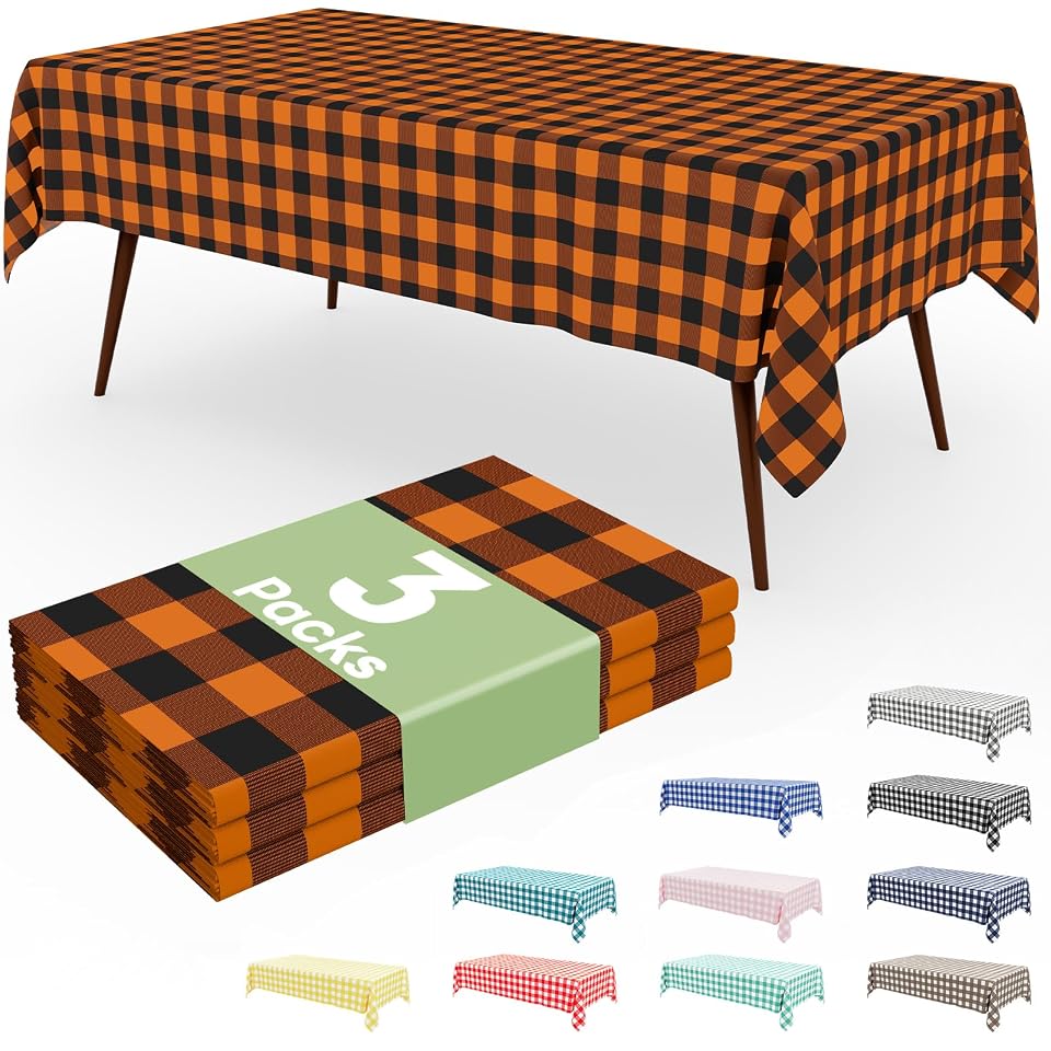 Smiry 3 Pack Gingham Disposable Table Cloth, 54 x 108 Inch Waterproof Plastic Tablecloth, Rectangle Black and Orange Checkered Table Covers for Picnic, Birthday, Party