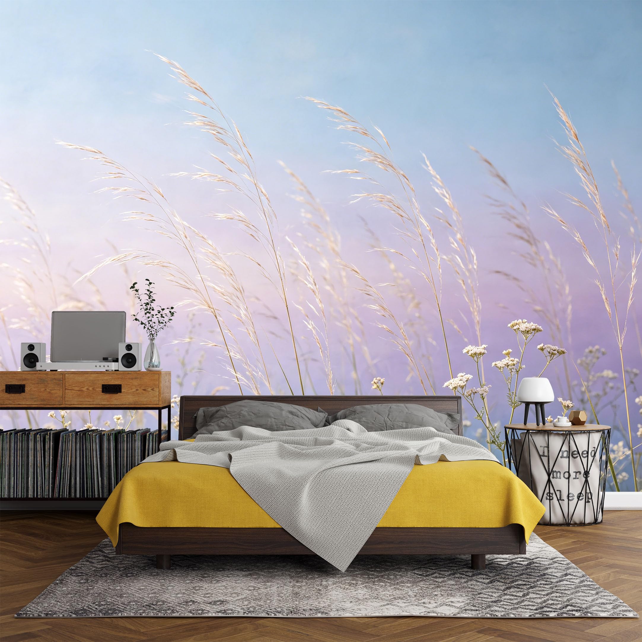Custom Size Wall Mural， Botanical Wild Grasses Meadow Sky Pastel Landscape，SelfAdhesive Art Prints wall Fabric (No PVC) Removable Wallpaper Living Room Decor