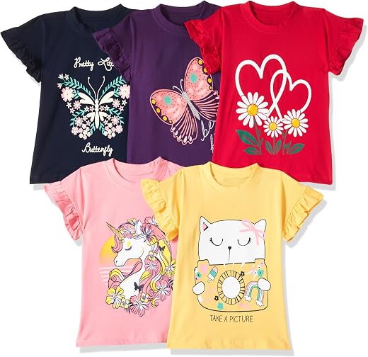 T2F Girls Cotton Printed Regular Fit T-Shirt (Pack of 5)