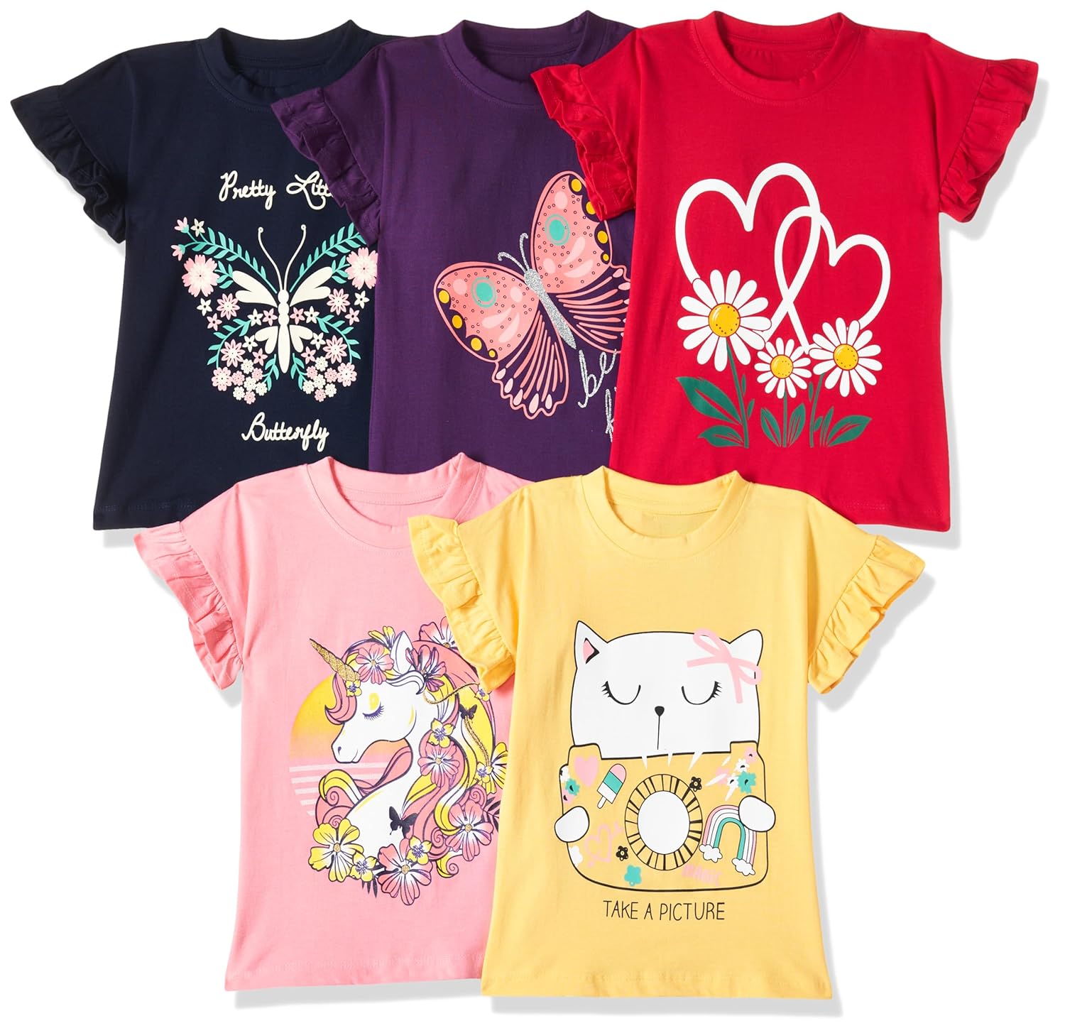 T2F Girls Cotton Printed Regular Fit T-Shirt (Pack of 5) T2F Girls Cotton Printed Regular Fit T-Shirt (Pack of 5)