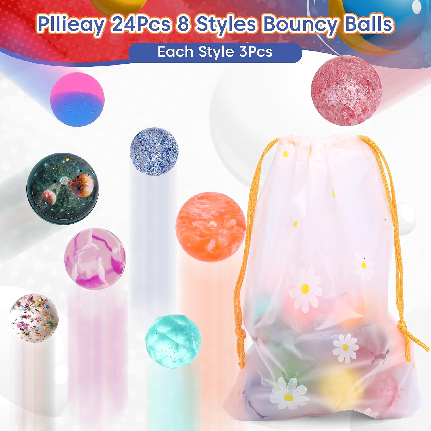 Pllieay 24 Pieces Bouncy Balls, 8 Styles Bouncy Balls for Kid, 32 mm High Bouncing Ball with Storage Bag ffor Kids Party Favors, Space Toys for Kids, Bag Filling
