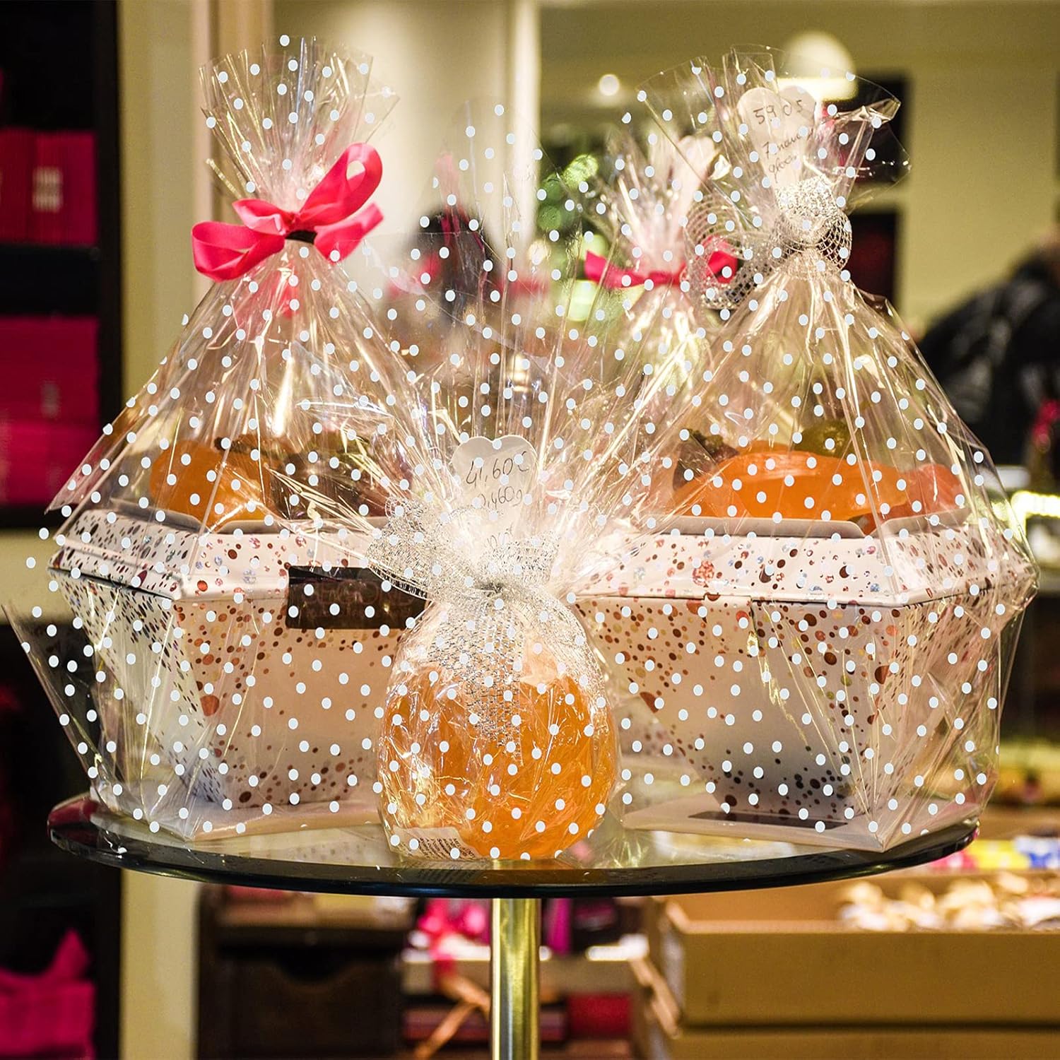 Clear Cellophane Wrap Roll 33'' x 131'ft with 16'ft Chiffon Ribbon-HOEAZGIF Gift Cellophane Wrap,White Dot Clear Cellophane Wrapping Paper,3 Mil Thick Clear Wrap Cellophane Roll for Basket-Flower-Gift : Health & Household