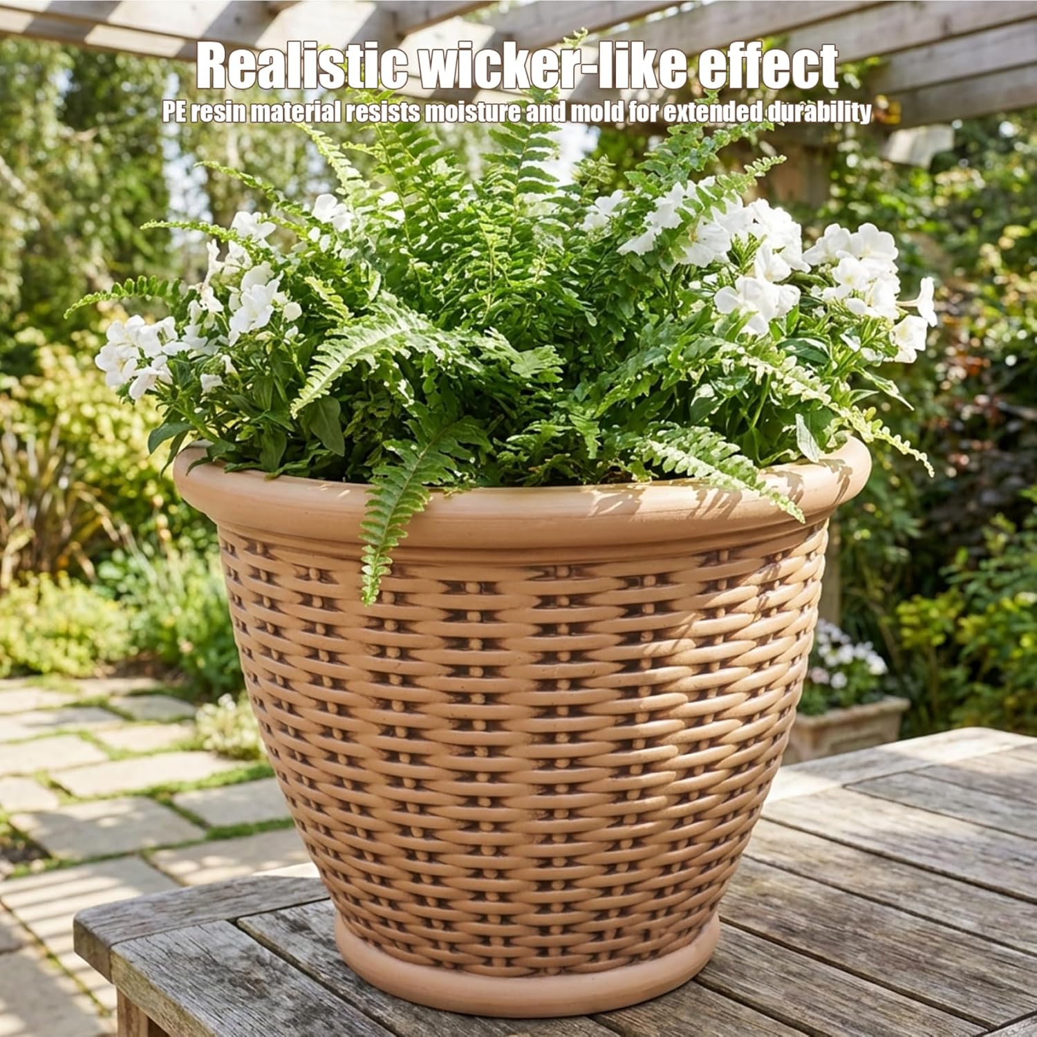 Wicker Planter, 12 Inch Resin Woven Planter Lightweight Rattan Look Indoor/Outdoor Imitated Rattan Plant Basket with Drainage Holes, Yellow
