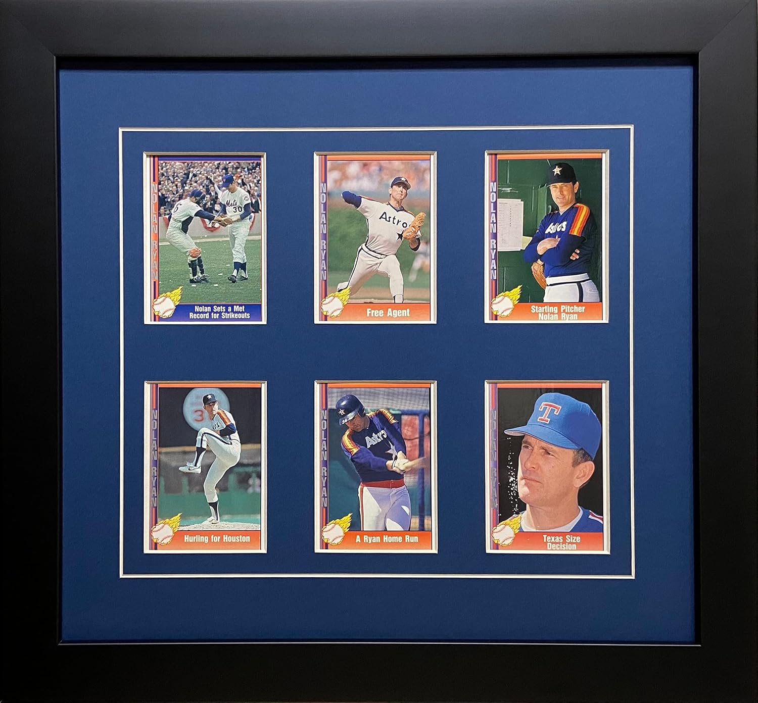 Trading Card Frame for 6 Standard Trading Cards Black Frame with Matting and Card Mounts (Dark Blue White Trim Mat - Black Frame)