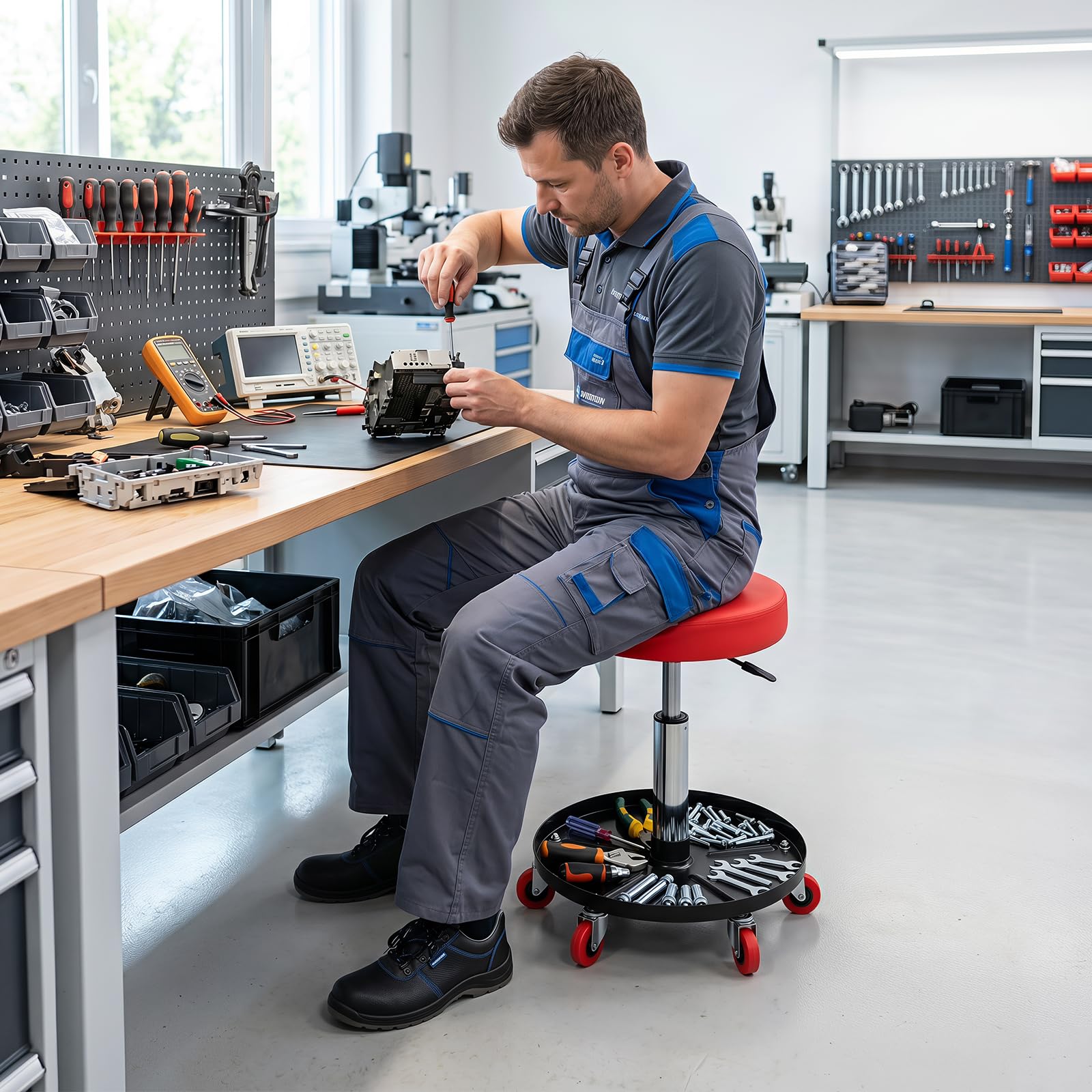 COSTWAY Taburete de Taller con 5 Ruedas, Taburete Mecánico Acolchado | con Altura Ajustable 45,5-60 cm, Bandeja para Herramientas, Asiento Giratorio para Garaje, Reparación de Automóviles