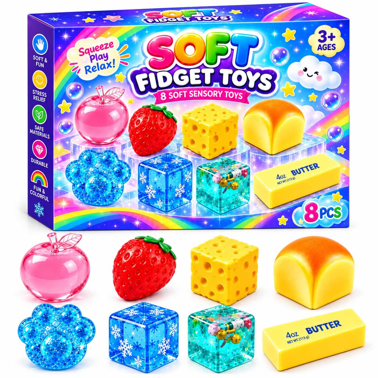 8 Pack Squishy Fun Box Set, Crunchy Slow-Rising Squeeze Fidget Toys Kit