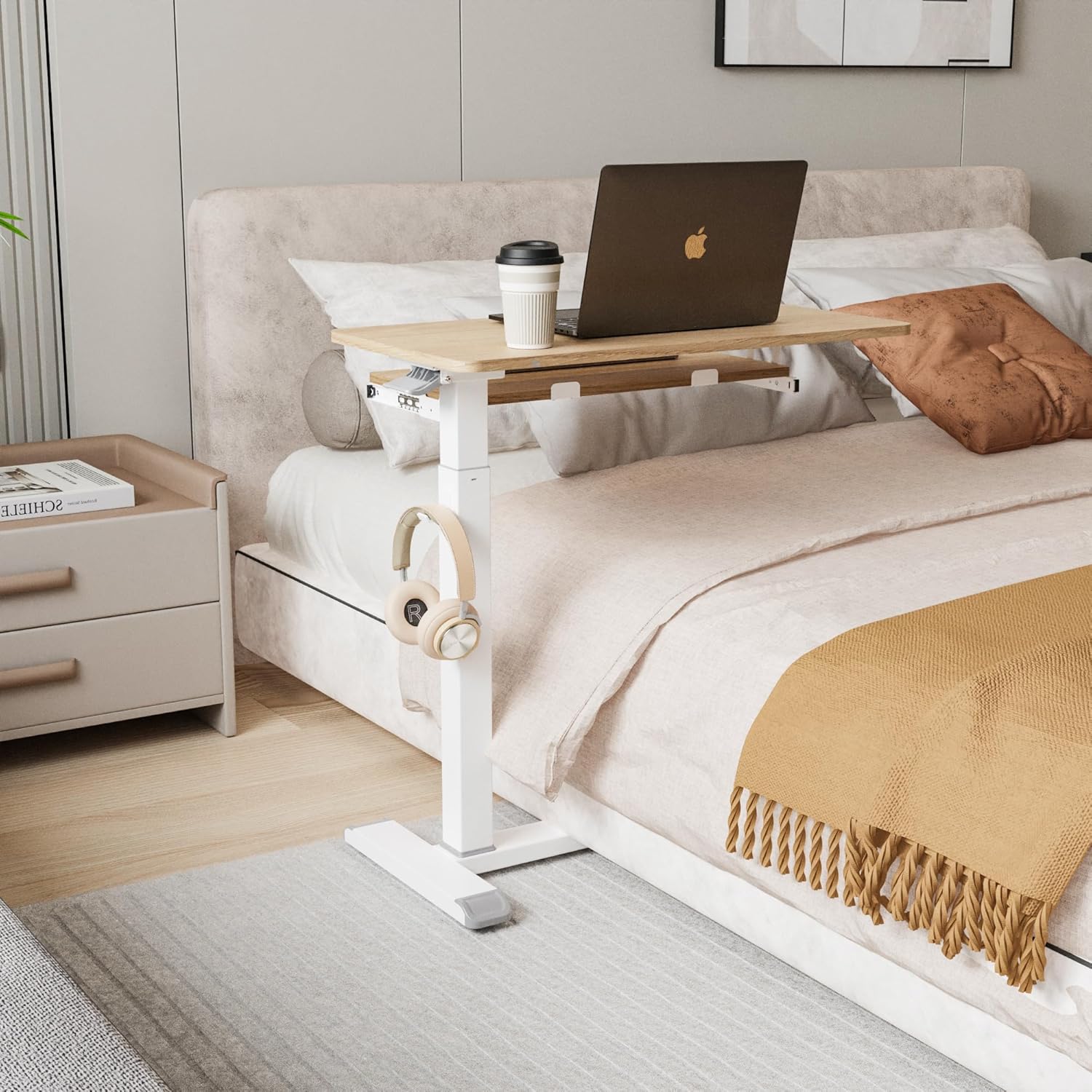 ETHU Overbed Table with Wheels, Medical Table with Drawer, Hospital Bed Table, Workstation Desk, Adjustable Overbed Bedside Rolling Laptop Desk, Oak