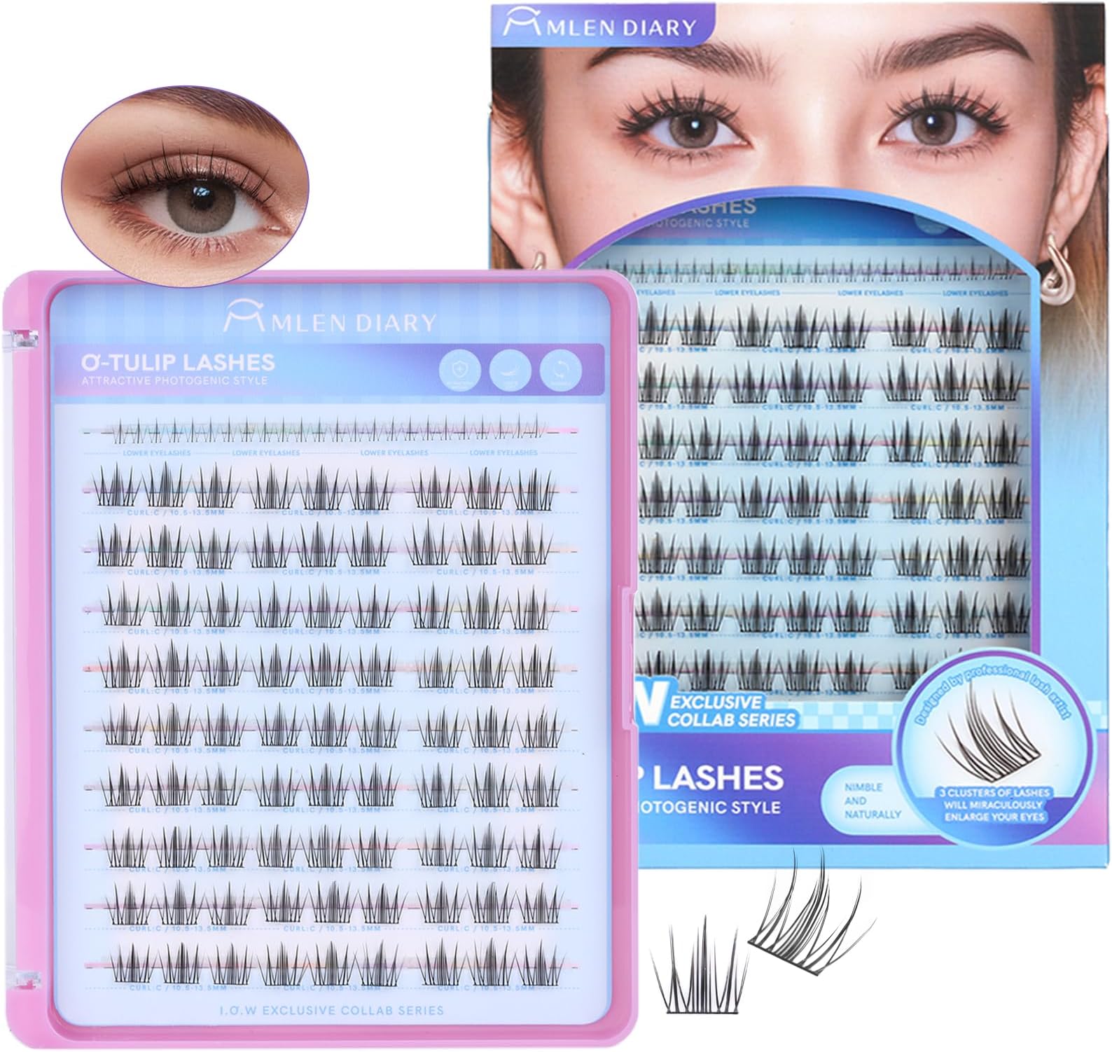 MLEN DIARY Natural C Curl Eyelash Clusters O-Tulip 10.5-13.5MM 105pcs Wispy Lash Clusters Kit Short Lightweight Handmade PBT Fiber for Bigger Eyes (O-Tulip 10.5-13.5MM)