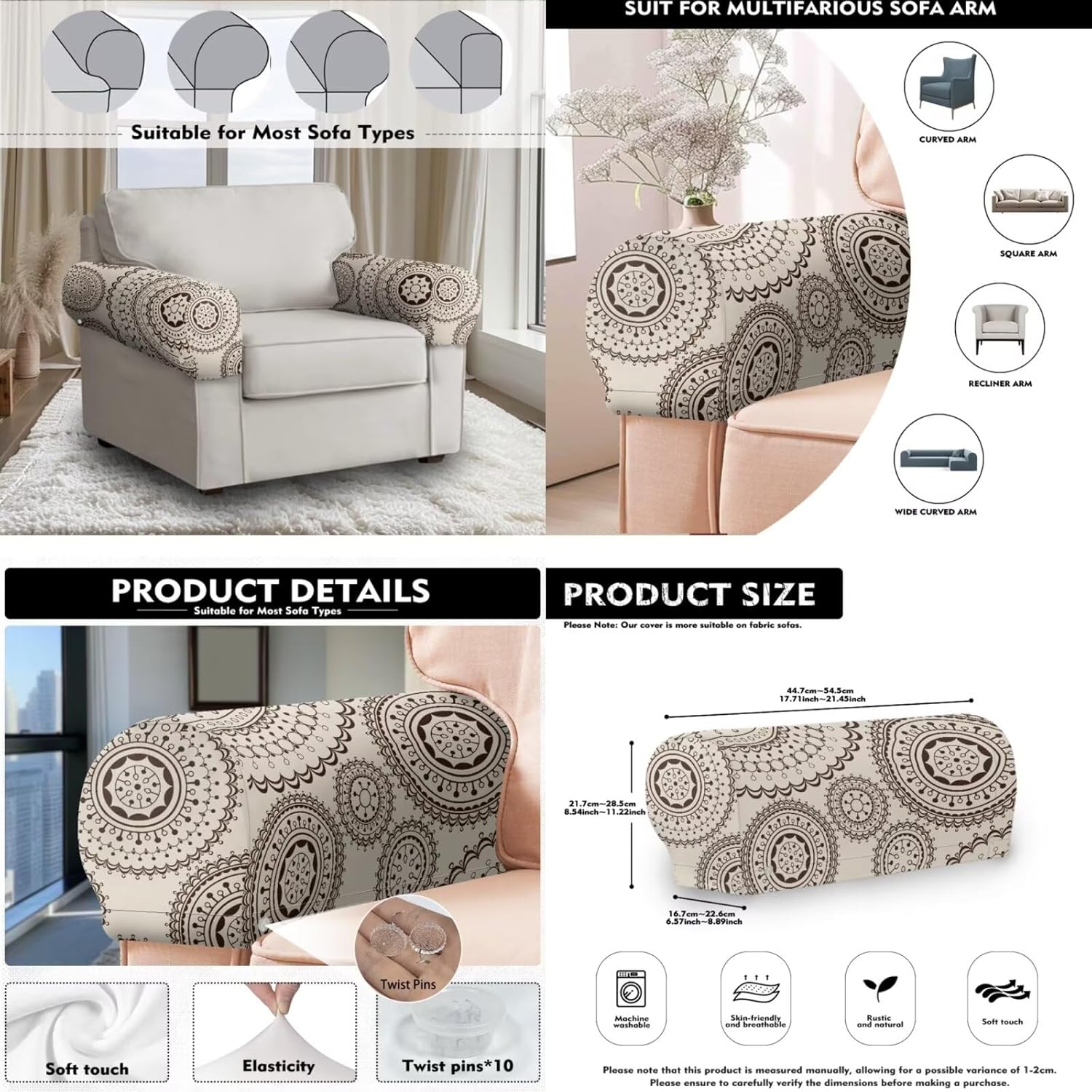 Mandala Headrest Cover Sofa Armrest Cover Set Recliner Chair Protector Fade Resistant Sofa Chair Covers, Non-Slip Furniture Couch Head Protector Theater Seat Covers for Home & Office