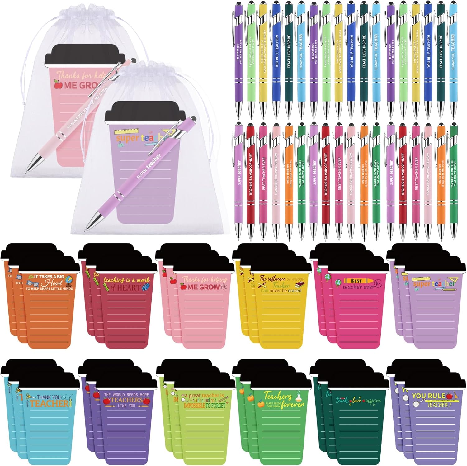 108 Pcs Christmas Teacher Appreciation Coffee Cup Notepads Coffee Cup Sticky Notes with Inspirational Pens Bag Thank You Teacher Gifts from Student for Coworker Team New Year Party Supplies