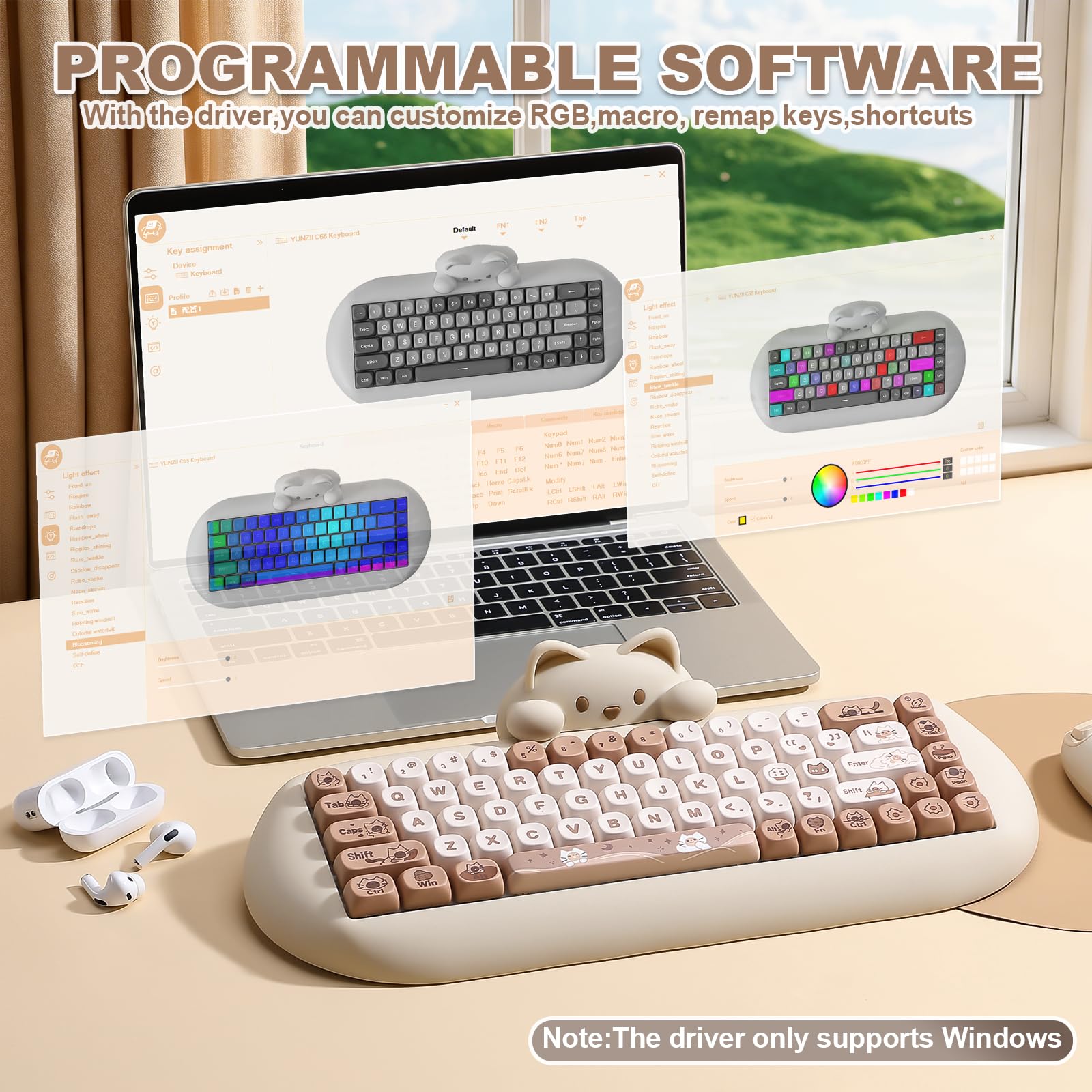 YUNZII C68 Tastiera meccanica senza fili,65% Gaming Keyboard Hot Swap,Tripla modalità BT5.0/2.4G/Cavo,RGB Retroilluminato NKRO,Cat Silicone Ergonomic Keyboard per Win/Mac (fratello, Cambio di latte)