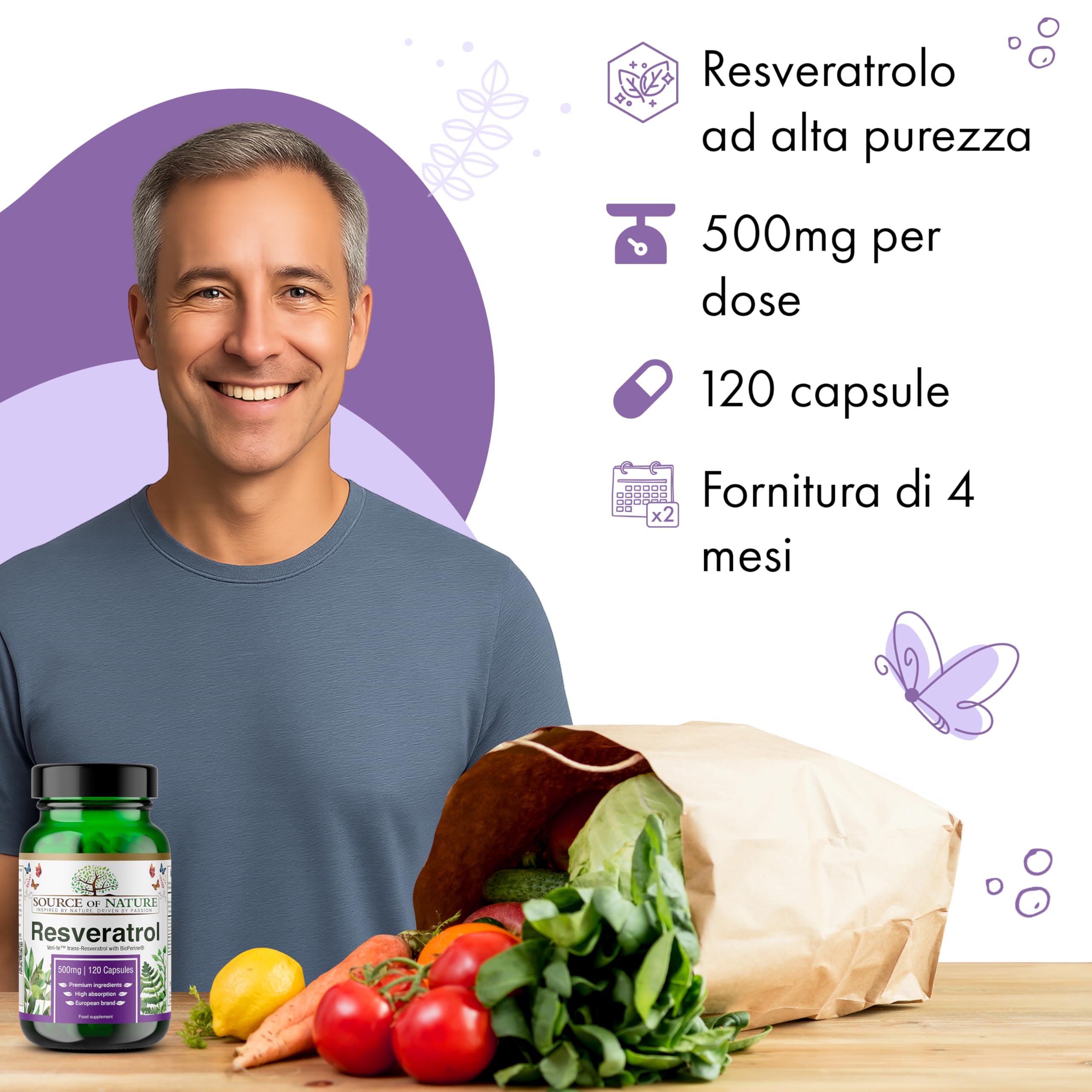 Trans-Resveratrolo 500 mg | 120 capsule vegane | Alta dose | Purezza 98% | Fermentato naturalmente | Con piperina | Testato in laboratorio | Qualità premium