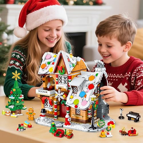 Miniatura 6 de HOGOKIDS Juego de construcción de casa de jengibre de 3 estilos de Navidad 2025 con luz, 1477 piezas de juguete de bloque de construcción de aldea