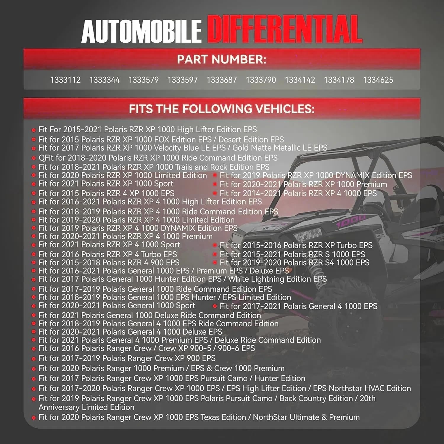 Front Differential Assembly Fit for Polaris RZR 1000, RZR XP, General, General 1000, Crew, 2014-2023, OE 1333112, 1333344, 1333597