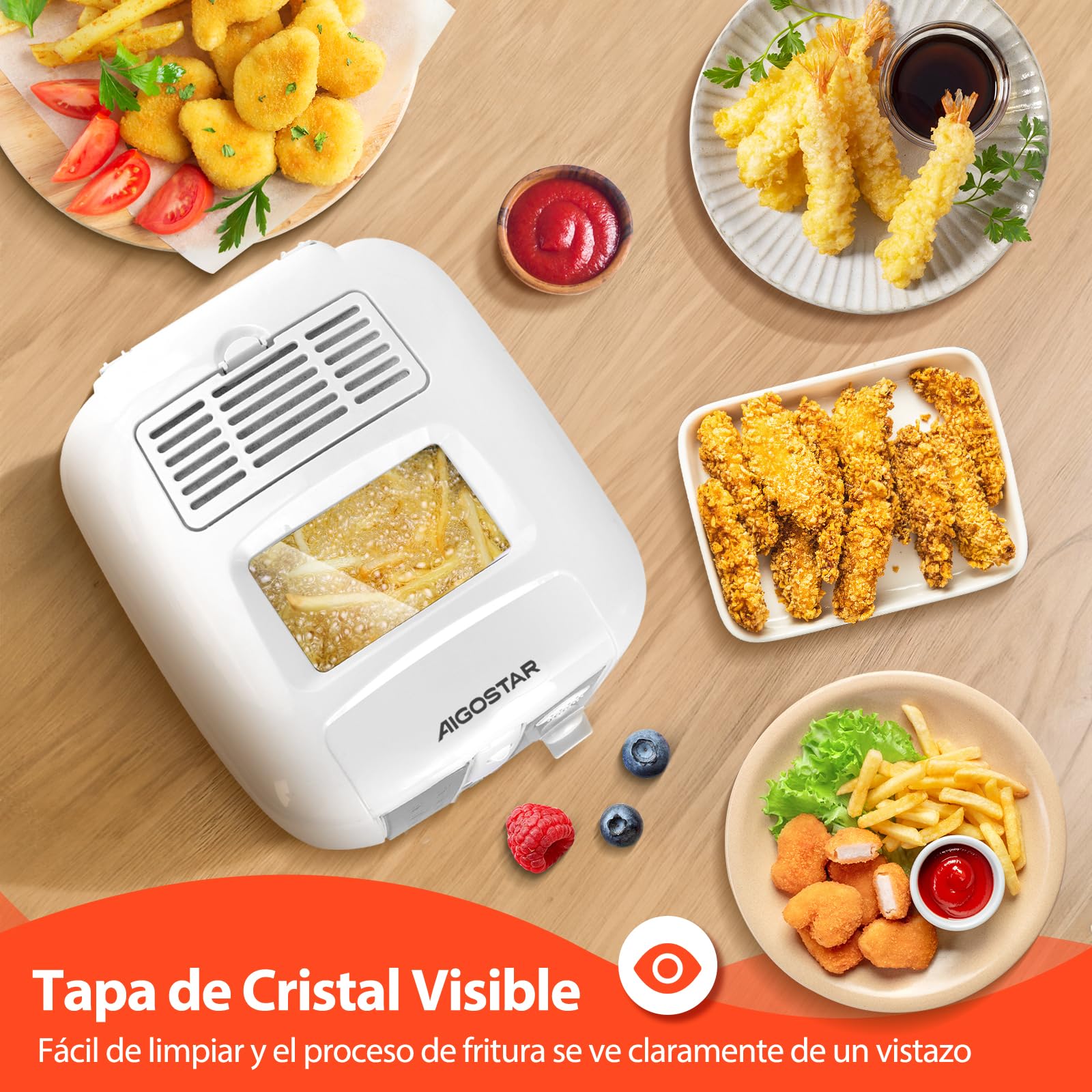 Aigostar Indra - Freidora Eléctrica 2.5L 1650W, Cesta antiadherente para freír, Termostato Ajustable, Ventana Transparente, Indicadores Luminosos, Blanco Moderno, Libre de BPA