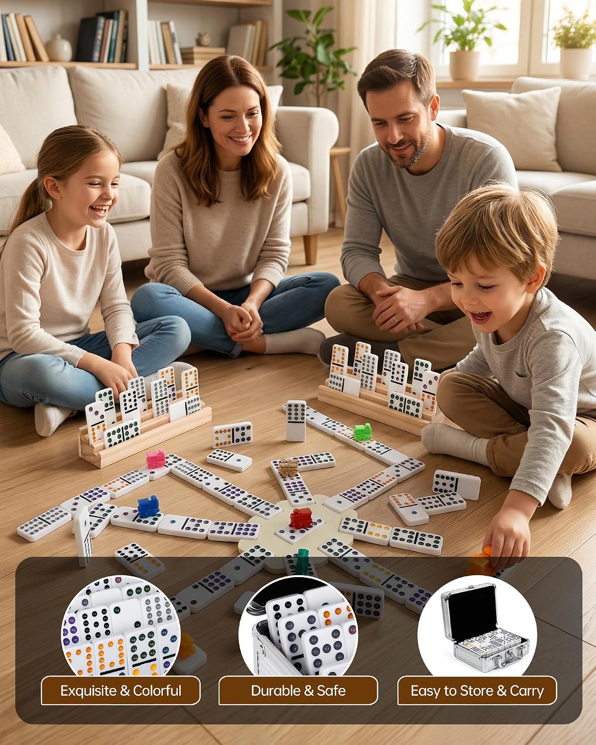 Mexican Train Dominoes Set Double 12-91 Colored Dot Tiles with 4 Wooden Racks, Heavy-Duty Aluminum Case, 9 Trains, Hub & Score Pad - Family Game Night Gift for Adults, Seniors & Kids