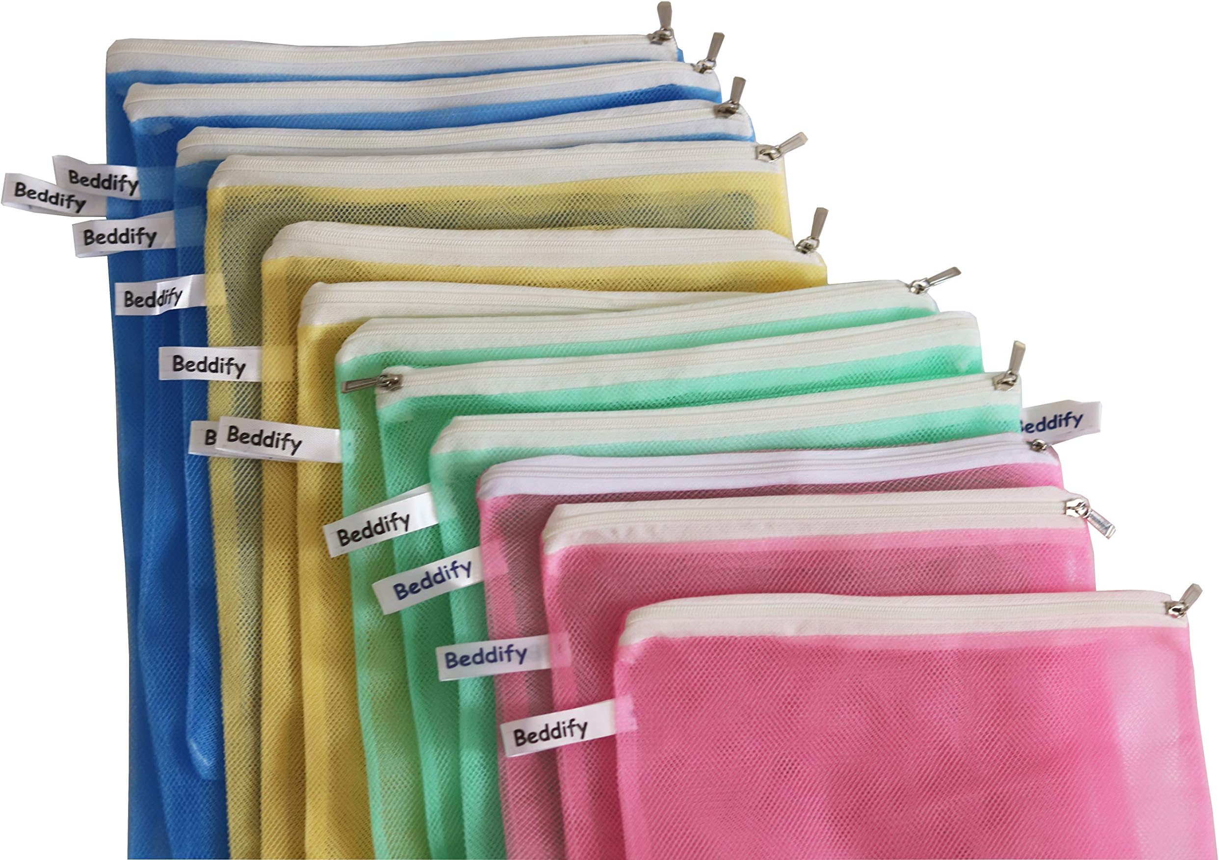 Set of 12 Reusable Fridge Storage Bags for Vegetables and Fruits with Zipper Dual Layer Mesh Net Multipurpose Multi-Size Kitchen Storage Bags Organizer (Multi-Color)