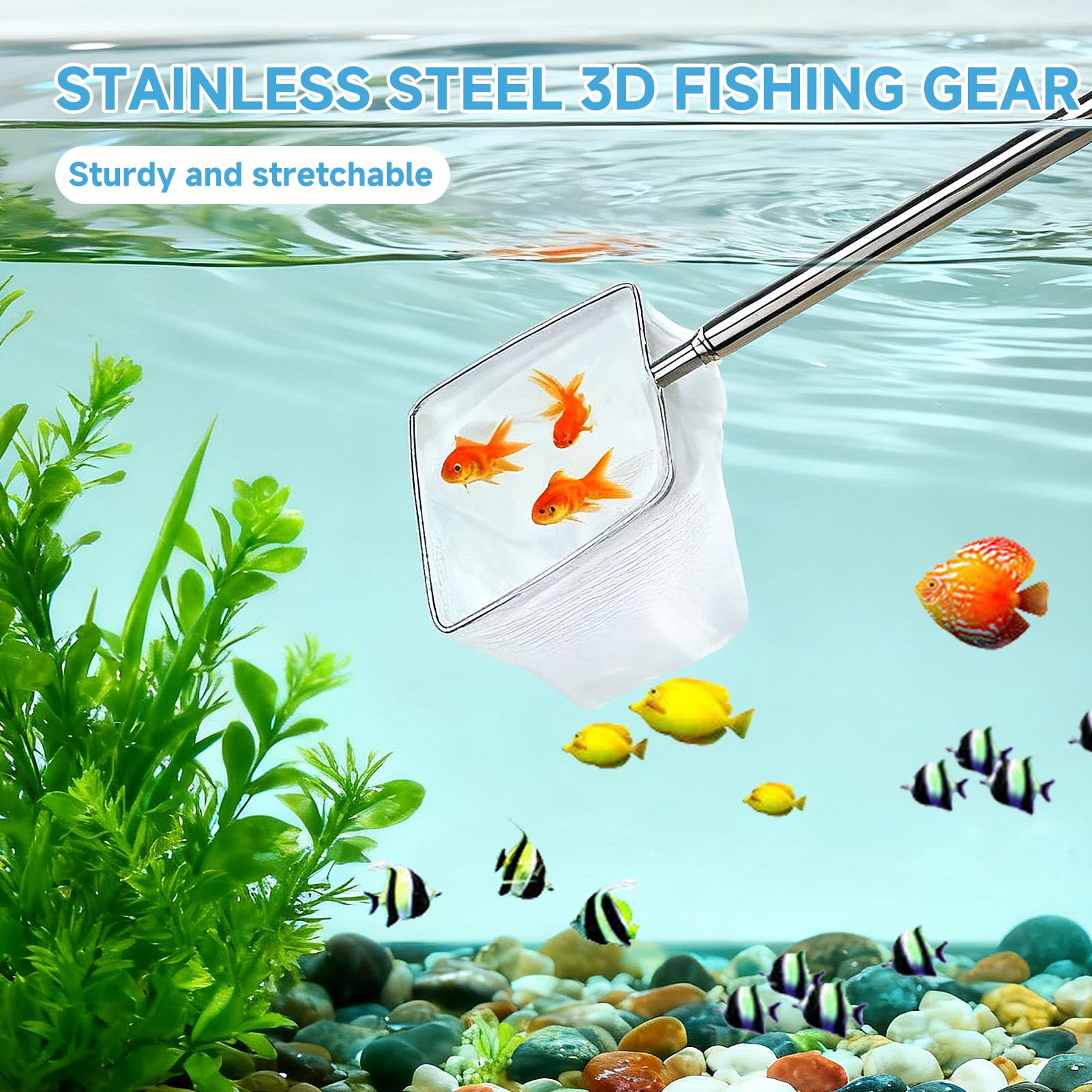 Mini Épuisette Aquarium,8CM Mailles Fines Carrées Souples avec Manche Extensible en Acier Inoxydable pour Aquariums et Petits Bassins(Longueur Maximale Jusqu'à 40 cm) - 5