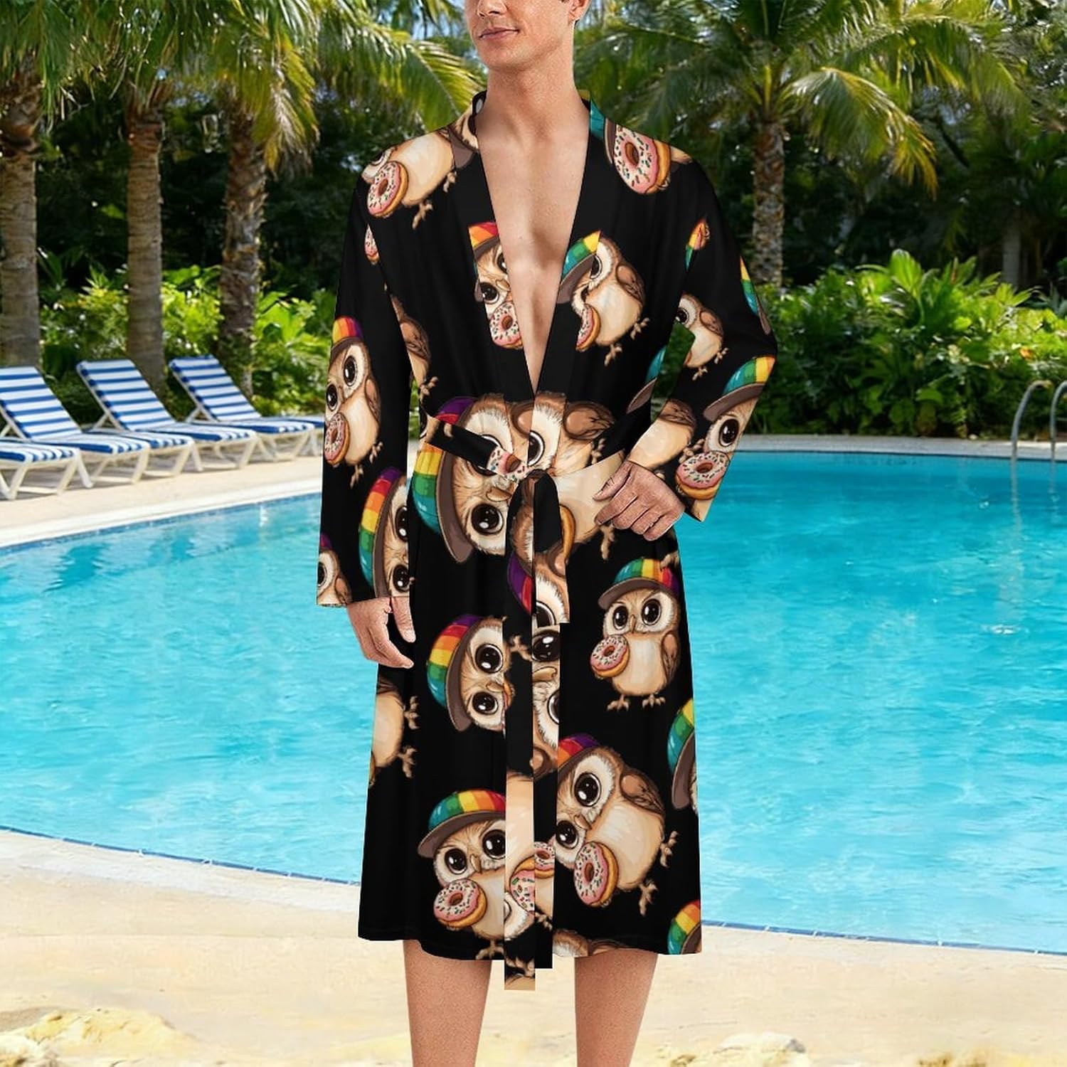 Owl Eats Doughnut Men's Robe Soft Bathrobe V Neck Loungewear Sleepwear Nightgown Dressing Gown