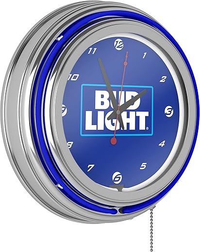 Neon Clock - Retro Bud Light Blue Analog Wall Clock with Pull Chain - for Kitchen, Garage, Game Room, or Home Bar by Trademark Gameroom