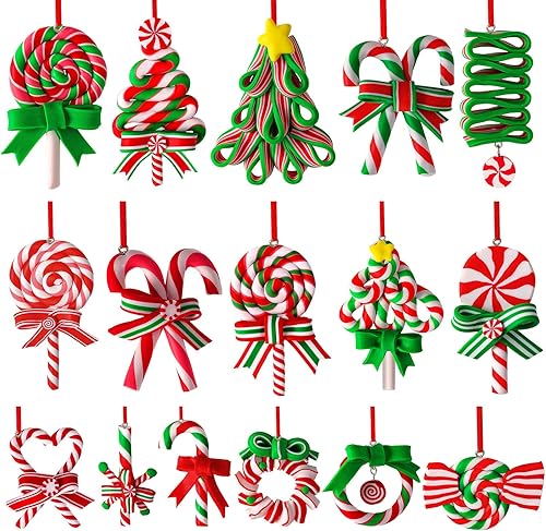 AUGSUN 16Pcs Christmas Lollipop Ornaments, Candy Christmas Tree Decorations Colorful Mini Candy Cane Hanging Ornaments Polymer Clay Peppermint