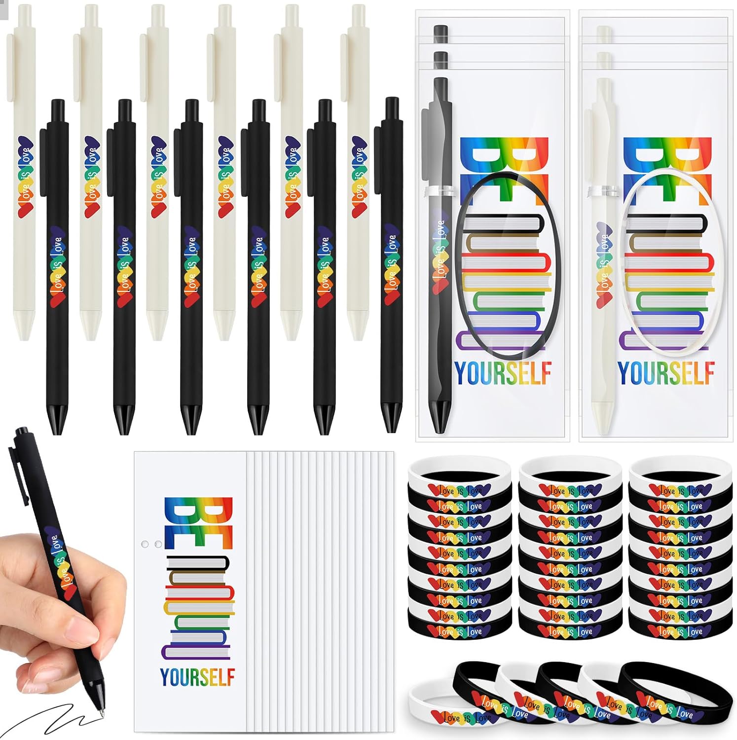 Spakon 60 Set Gay Pride Gifts Rainbow Silicone Wristband Bracelet LGBT Retractable Ballpoint Pen Black Ink Gift Cards with Twist Ties Pride Decorations for Parades Rainbow Festival Gay Pride Month