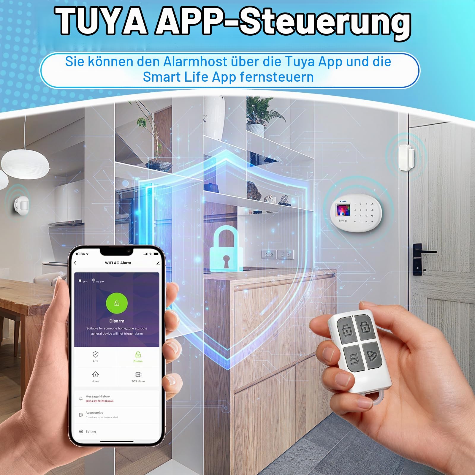 TOWODE W204 Kabelloses Haus-Alarmanlage - Batterie & Netzstrom Doppelversorgung mit Bewegungssensoren, Türsensoren und Funkfernbedienungen für Wohnungen & Häuser （weiß）
