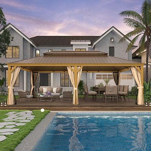 Miniatura 34 de YOLENY - Cenador de acero galvanizado con techo duro de 12 pies x 20 pies, marco de aluminio con doble ventilación, cortinas y malla incluidas