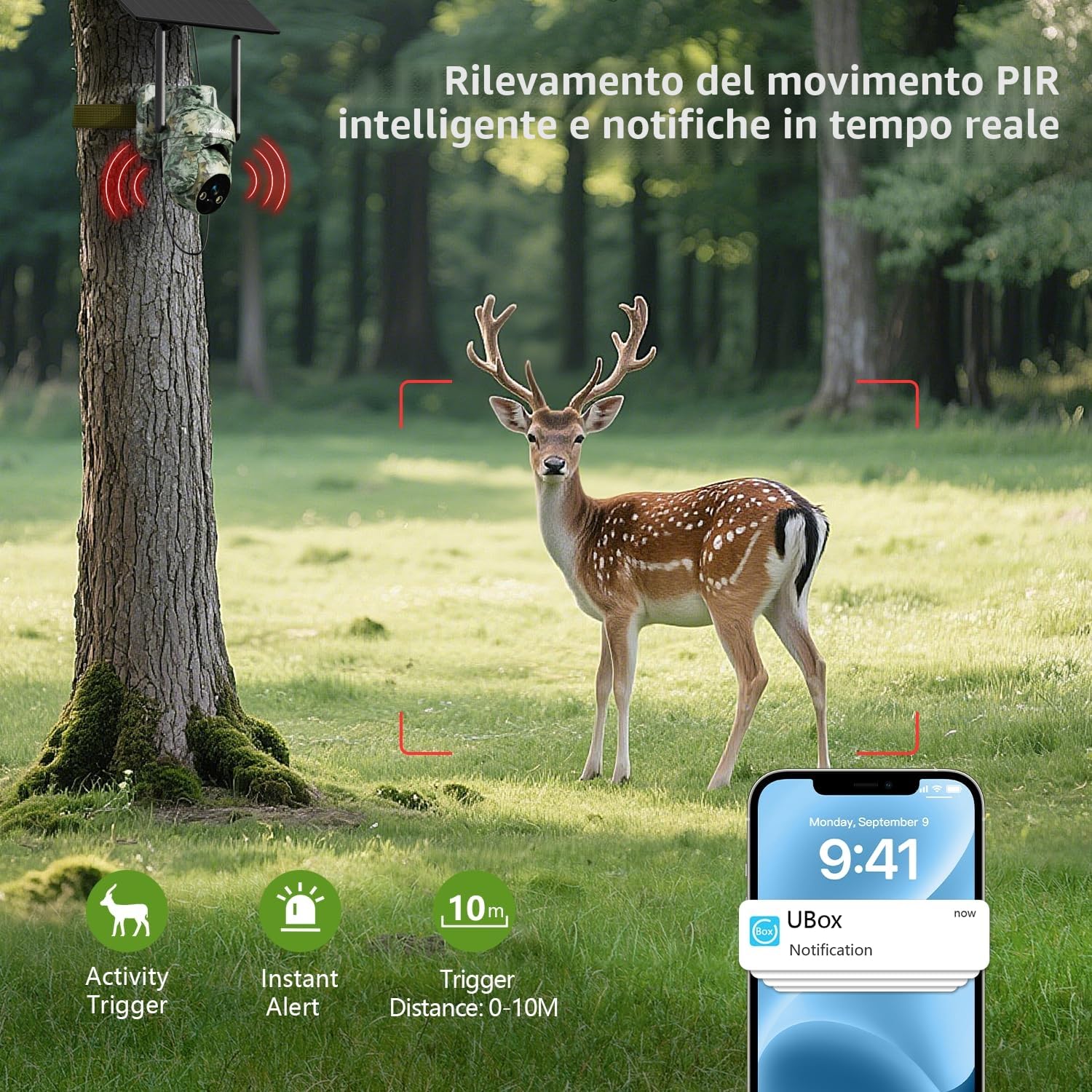 LEMNOI Fototrappola 4G Solare con SIM Preinstallate, Fotocamera da Caccia con Pannello Solare, Telecamera Esterna 2K PTZ Impermeabile con Visione Notturna a Colori, Rilevamento PIR (1 pezzo)
