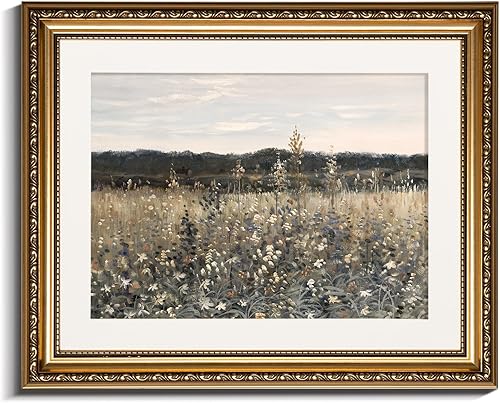 InSimSea Cuadro dorado enmarcado para pared, sala de estar, baño, prado vintage con flores, decoración de pared, arte impreso en lienzo, decoración