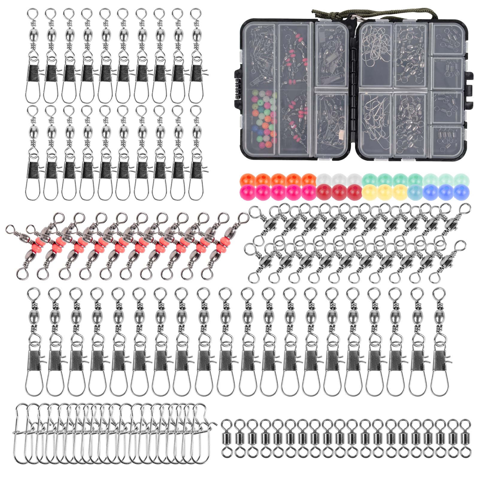 SF 140PCS Fishing Swivel Snaps Kit Barrel Swivel with Safety Snaps 3 Way/Crossline Barrel Swivels Rolling Swivels Fishing Snaps Luminous Beads 7-in-1 Fishing Accessories Set for Saltwater Freshwater